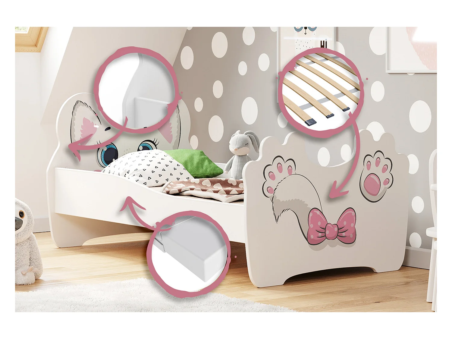 Cama Infantil Gato Rosa 160x80 cm – Incluye Estructura, Base y Colchón de Espuma