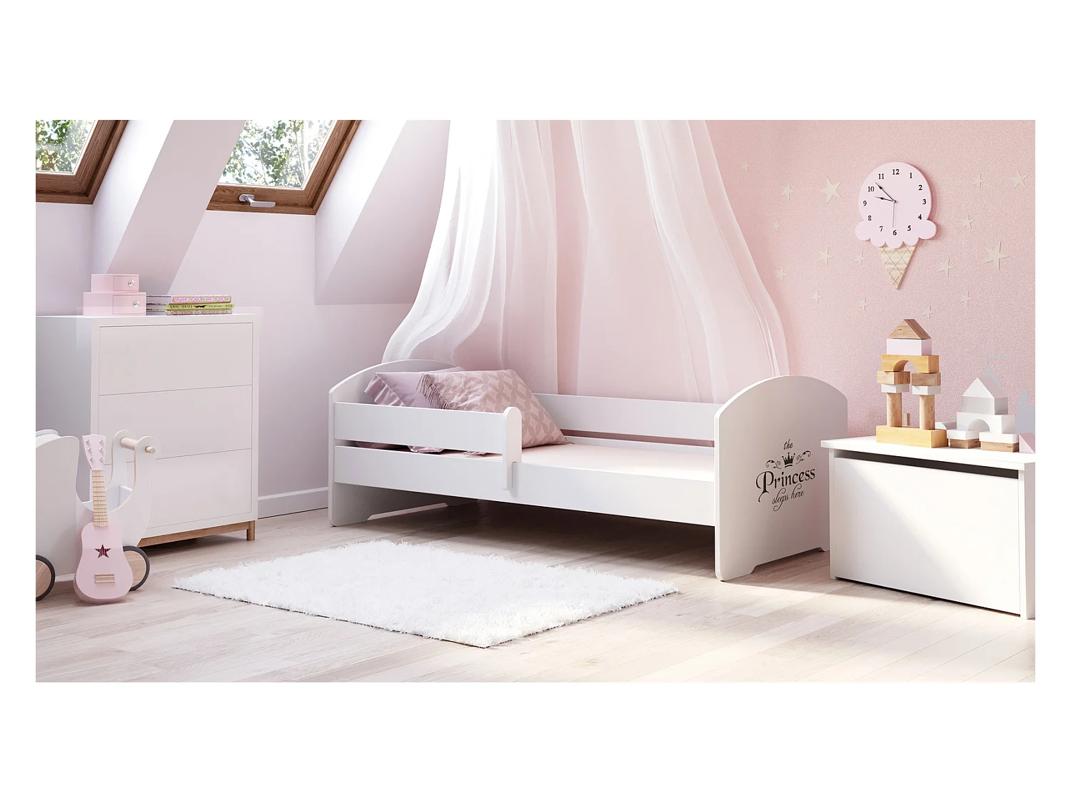 Cama Infantil Blanca 160x80 cm Dibujo Princesa con Barandilla – Incluye Colchón de Espuma y Estructura Completa, Dimensiones 164x88x63 cm