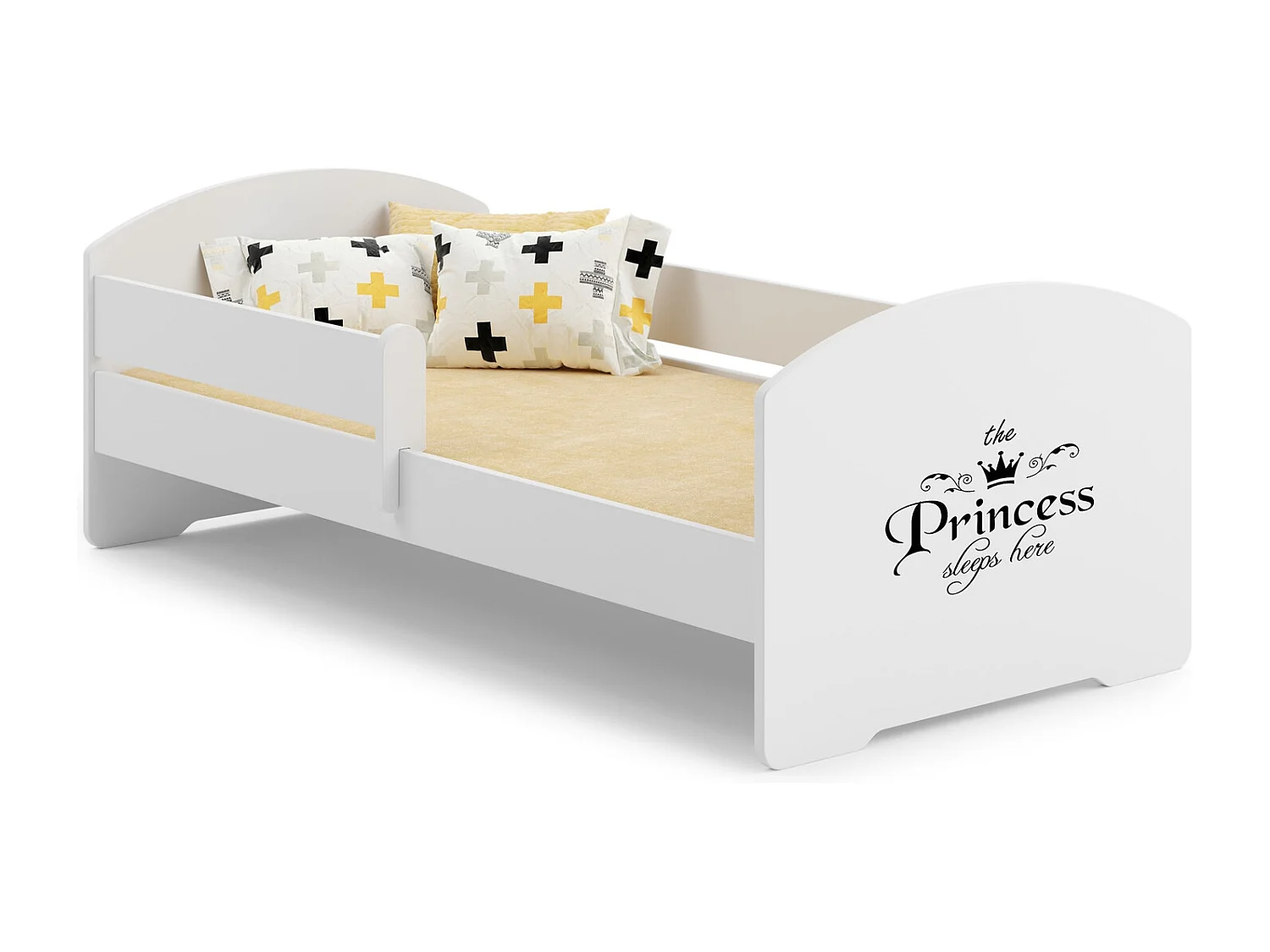 Cama Infantil Blanca 160x80 cm Dibujo Princesa con Barandilla – Incluye Colchón de Espuma y Estructura Completa, Dimensiones 164x88x63 cm