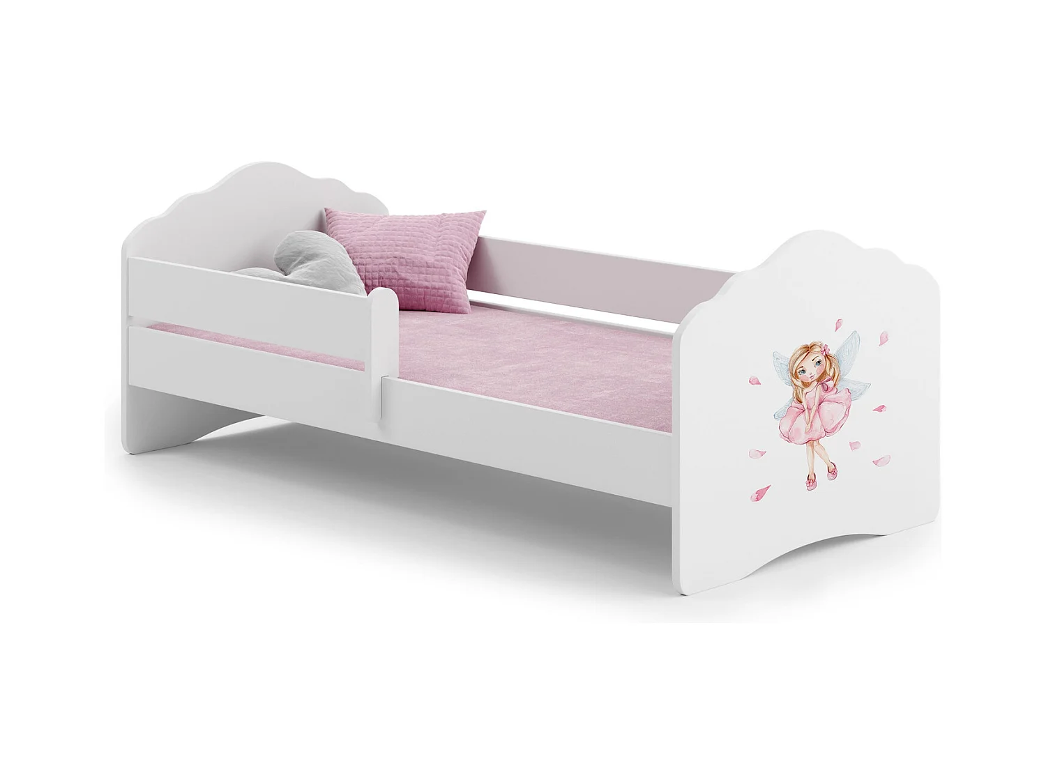 Cama Infantil Blanca 140x70 cm Dibujo Hada con Barandilla – Incluye Colchón de Espuma, Estructura Completa 144x78x65 cm, Diseño Seguro y Funcional