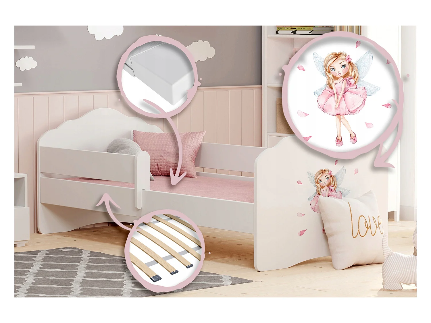 Cama Infantil Blanca 140x70 cm Dibujo Hada con Barandilla – Incluye Colchón de Espuma, Estructura Completa 144x78x65 cm, Diseño Seguro y Funcional