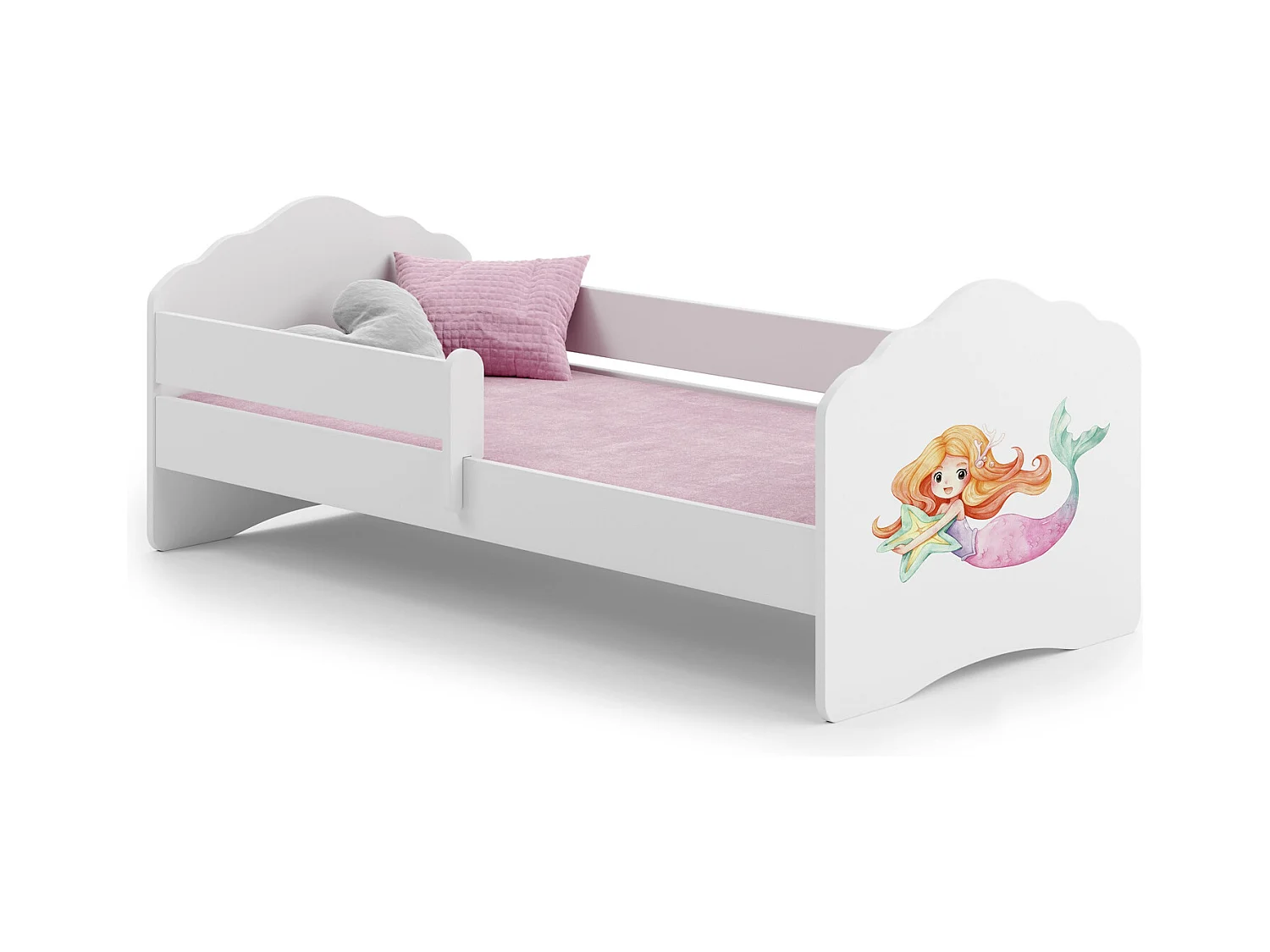Cama Infantil Blanca 140x70 cm Dibujo Sirena con Barandilla – Incluye Colchón de Espuma, Estructura Completa 144x78x65 cm, Diseño Seguro y Funcional
