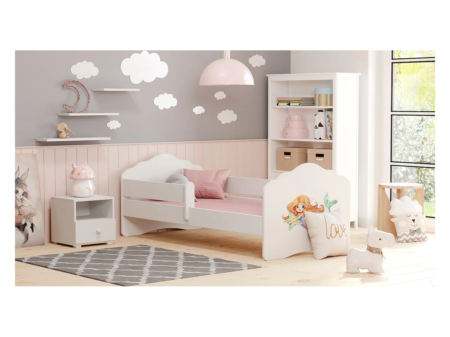 Cama Infantil Blanca 140x70 cm Dibujo Sirena con Barandilla – Incluye Colchón de Espuma, Estructura Completa 144x78x65 cm, Diseño Seguro y Funcional