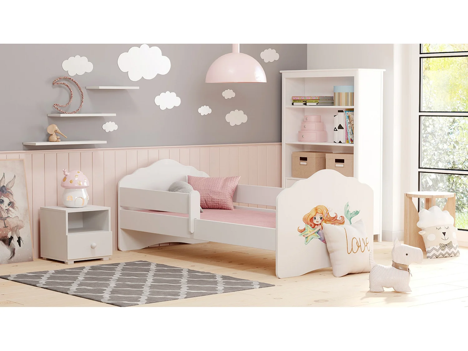 Cama Infantil Blanca 140x70 cm Dibujo Sirena con Barandilla – Incluye Colchón de Espuma, Estructura Completa 144x78x65 cm, Diseño Seguro y Funcional