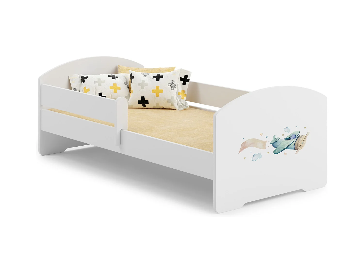 Cama Infantil Blanca 160x80 cm Dibujo con Barandilla – Incluye Colchón de Espuma y Estructura Completa, Dimensiones 164x88x63 cm