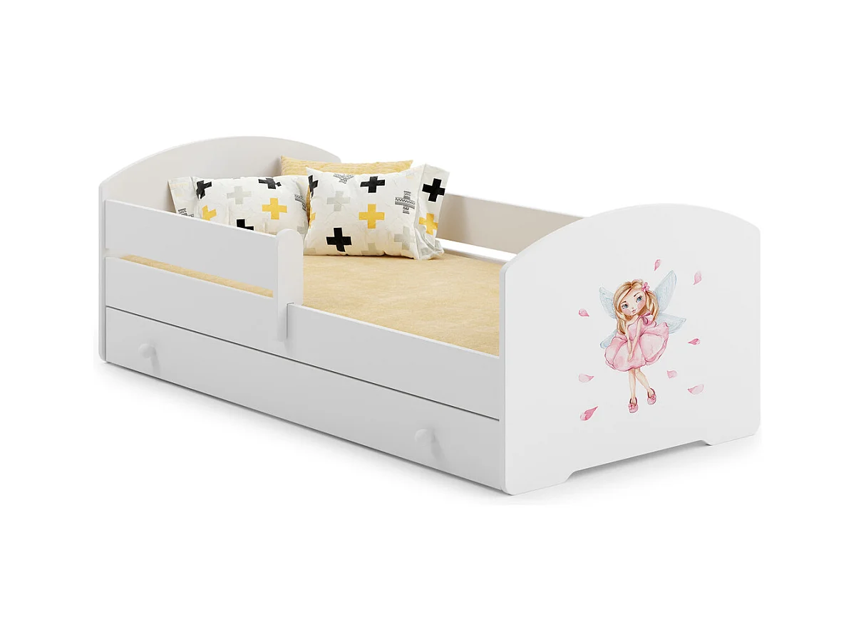Cama Infantil Blanca Estilo Escandinavo Dibujo Hada 140x70 cm con Cajón – Incluye Colchón de Espuma, Base y Estructura Completa