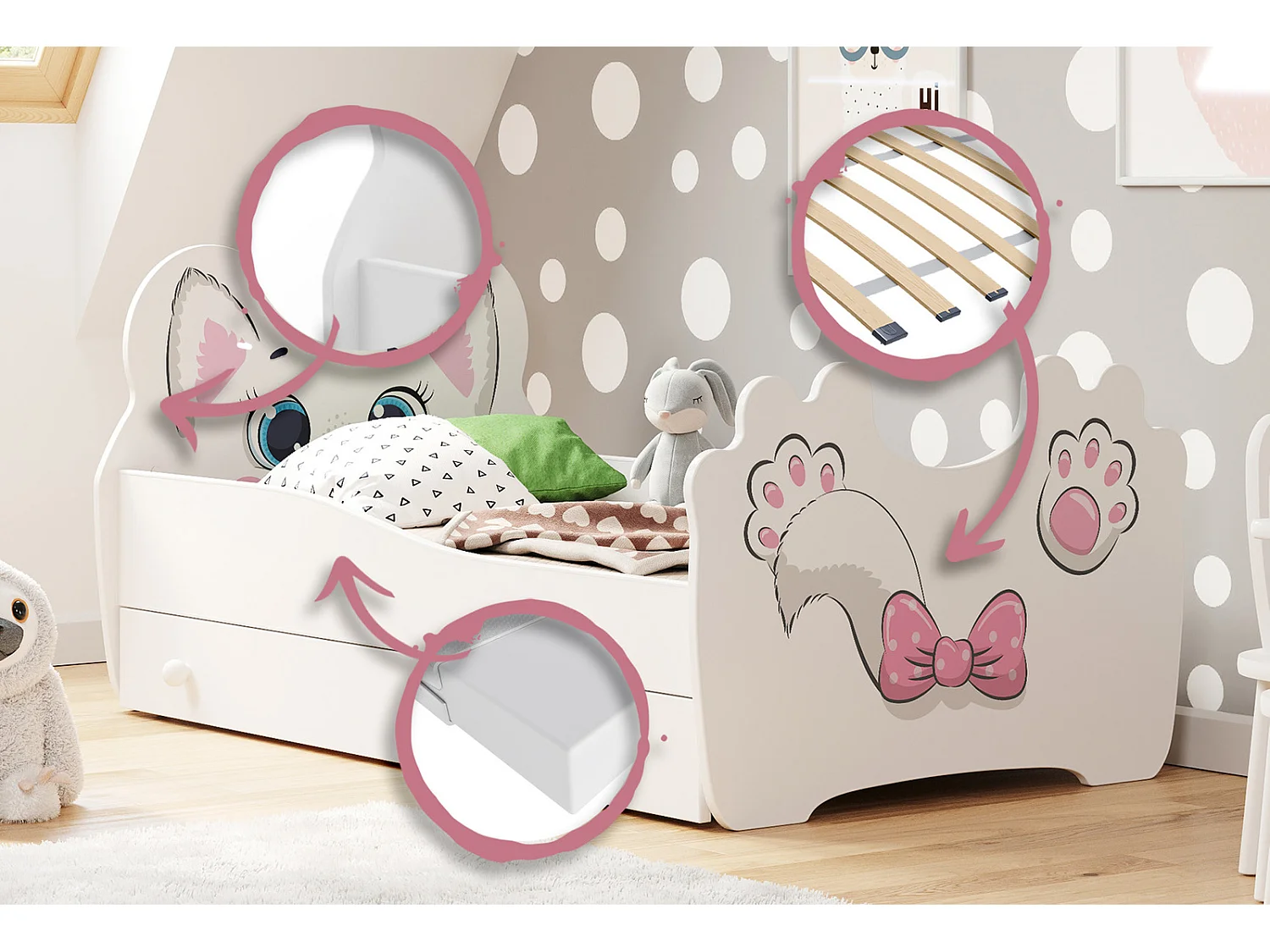 Cama Infantil Gato Rosa Con Cajón 140x70 cm – Incluye Estructura, Base y Colchón de Espuma