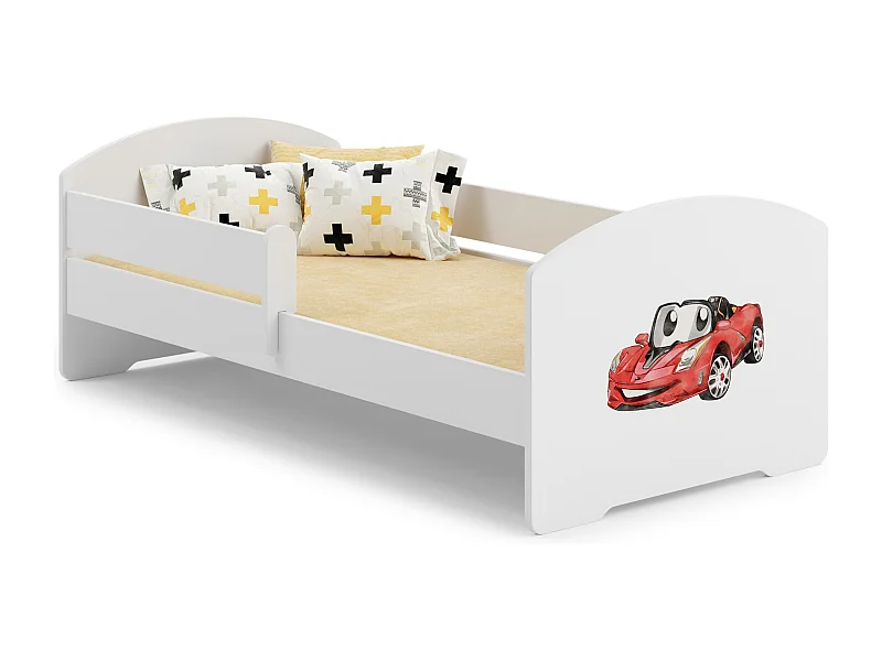 Cama Infantil Blanca 140x70 cm Dibujo Coche con Barandilla – Incluye Colchón de Espuma y Estructura Completa, Dimen: 144 cm x77 cm x56 cm