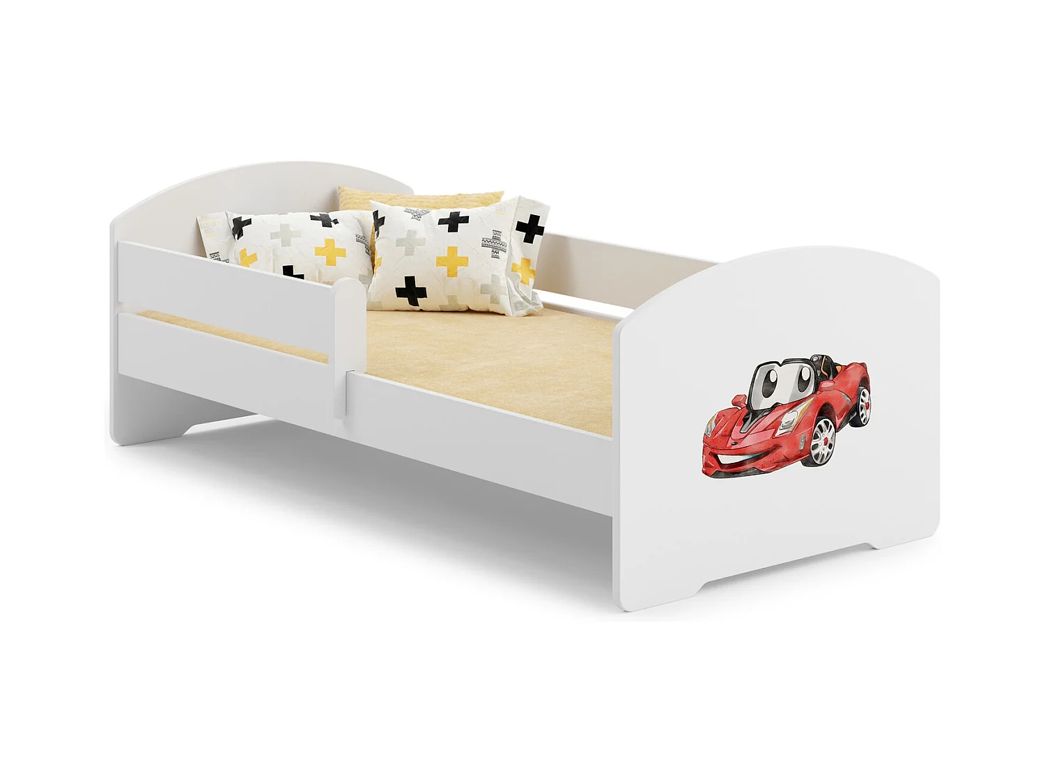 Cama Infantil Blanca 140x70 cm Dibujo Coche con Barandilla – Incluye Colchón de Espuma y Estructura Completa, Dimen: 144 cm x77 cm x56 cm