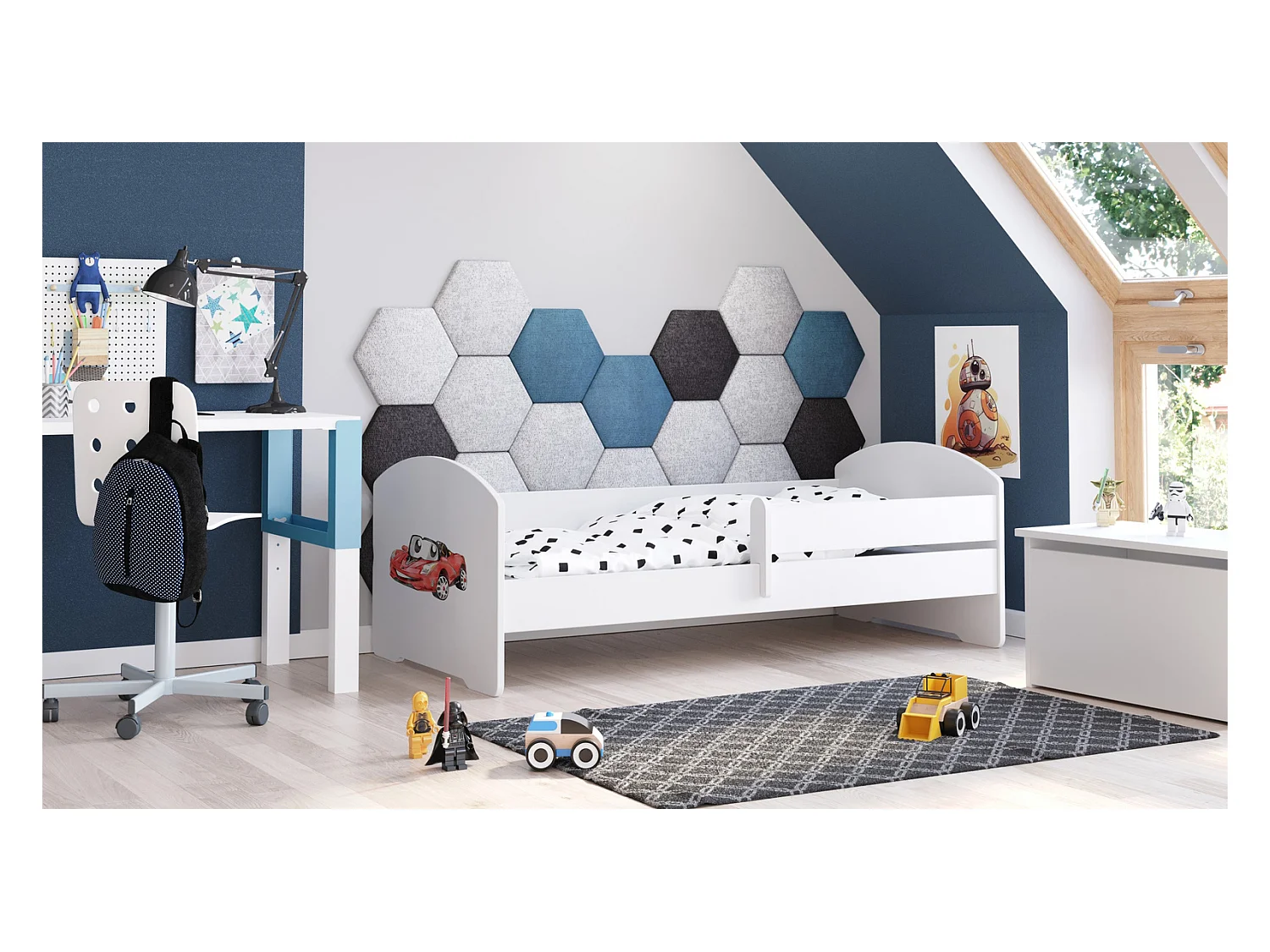 Cama Infantil Blanca 140x70 cm Dibujo Coche con Barandilla – Incluye Colchón de Espuma y Estructura Completa, Dimen: 144 cm x77 cm x56 cm