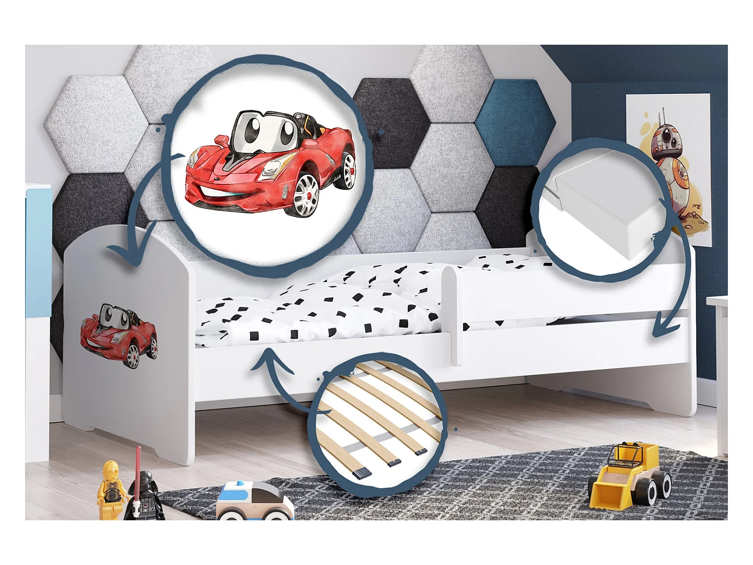 Cama Infantil Blanca 140x70 cm Dibujo Coche con Barandilla – Incluye Colchón de Espuma y Estructura Completa, Dimen: 144 cm x77 cm x56 cm