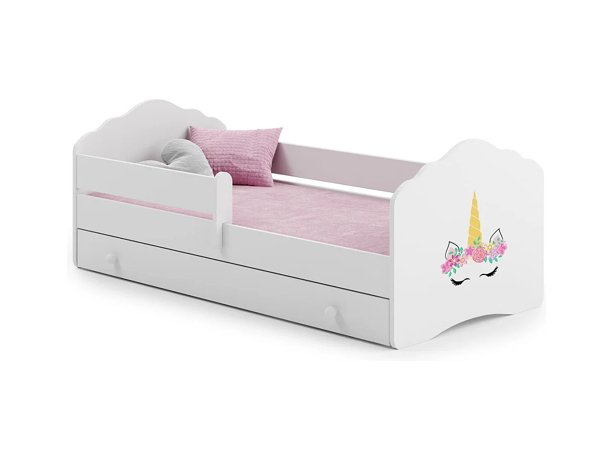 Cama Infantil Blanca 140x70 cm Dibujo Unicornio con Cajón y Barandilla – Incluye Colchón de Espuma, Estructura Completa 144x78x65 cm, Diseño Seguro y
