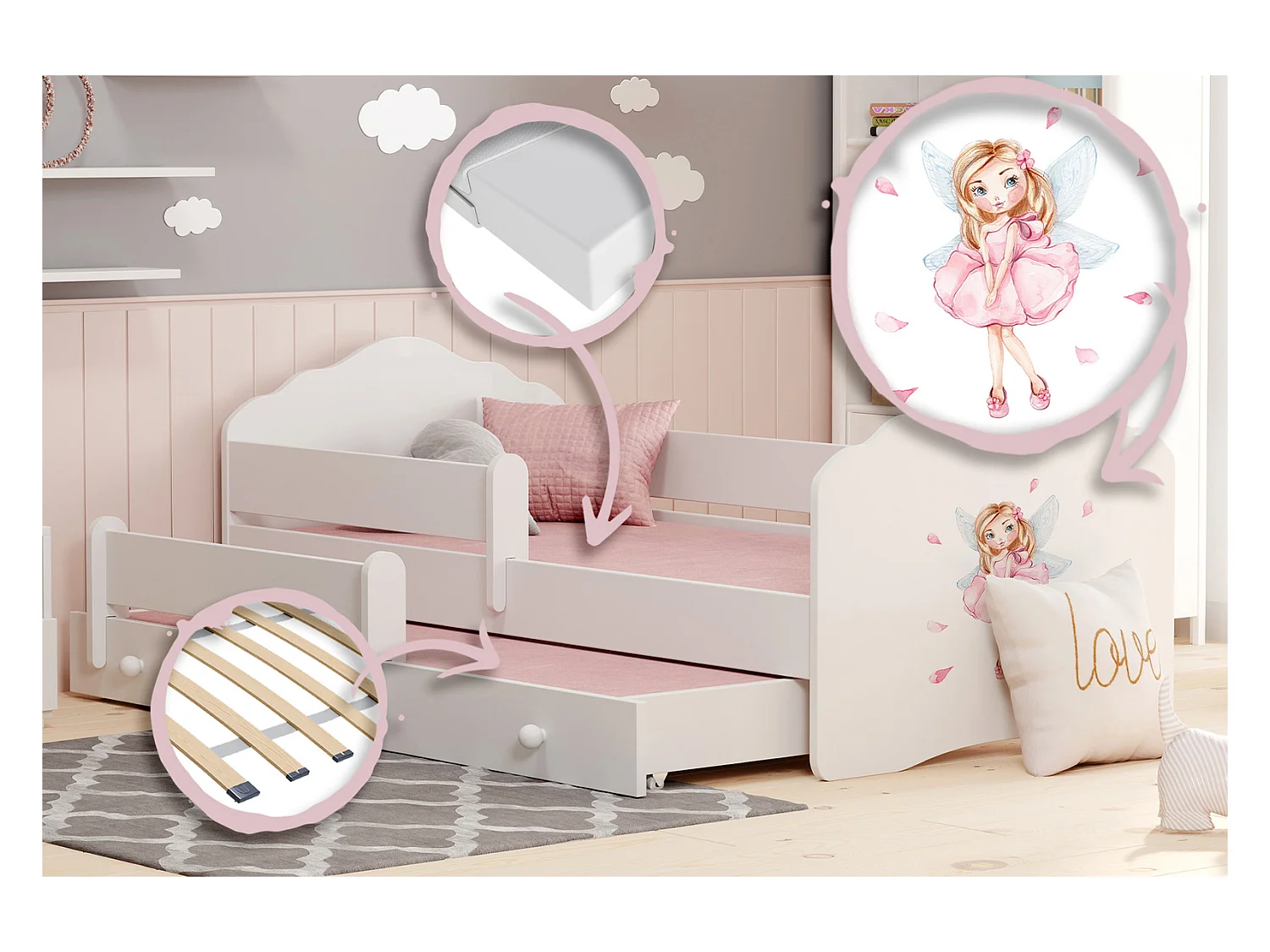 Cama Doble Infantil Blanca 160x80 cm Dibujo Hada con Barandilla – Cama Inferior 145x80 cm, Incluye 2 Colchones de Espuma y Estructura Completa