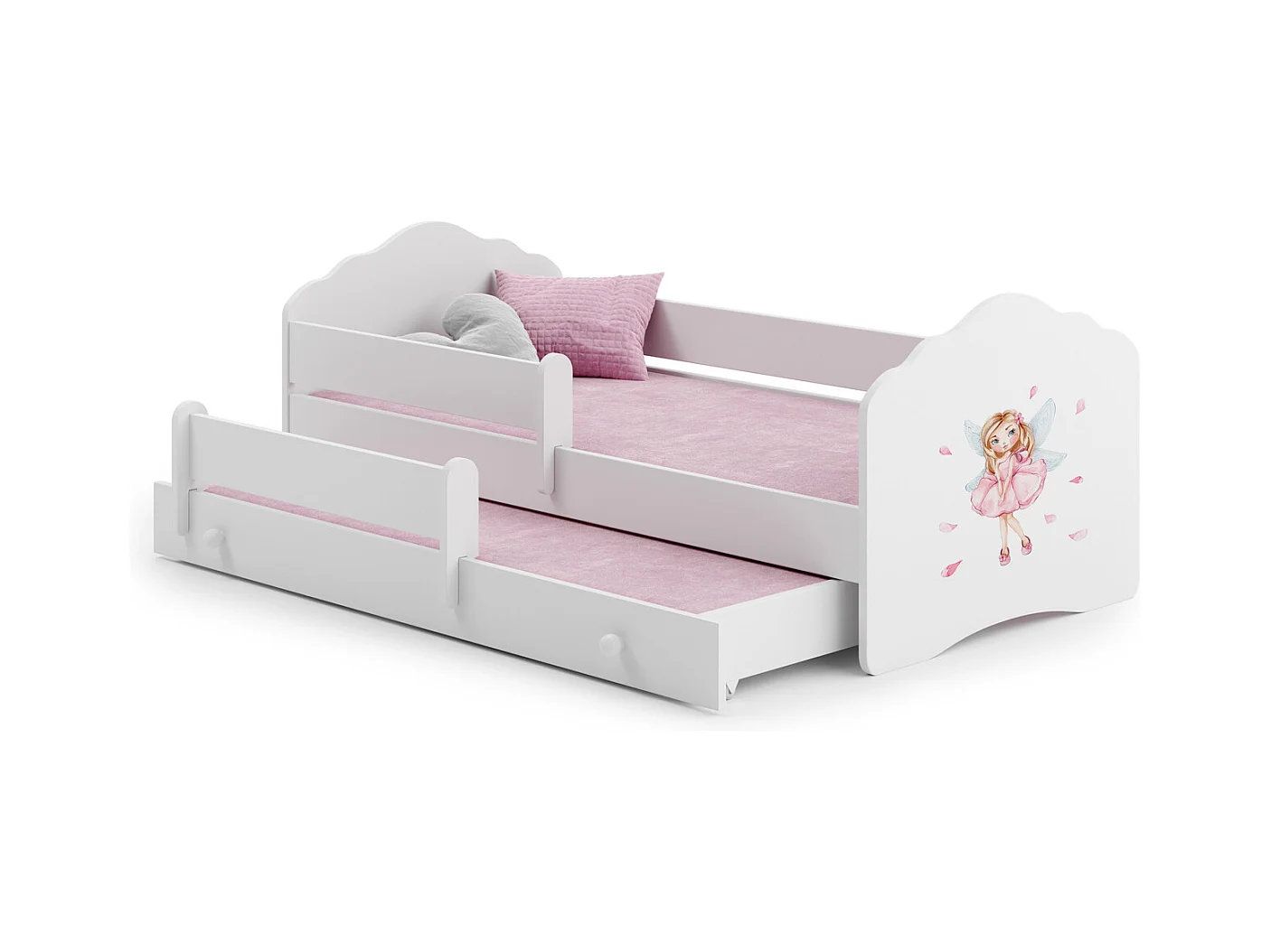 Cama Doble Infantil Blanca 160x80 cm Dibujo Hada con Barandilla – Cama Inferior 145x80 cm, Incluye 2 Colchones de Espuma y Estructura Completa