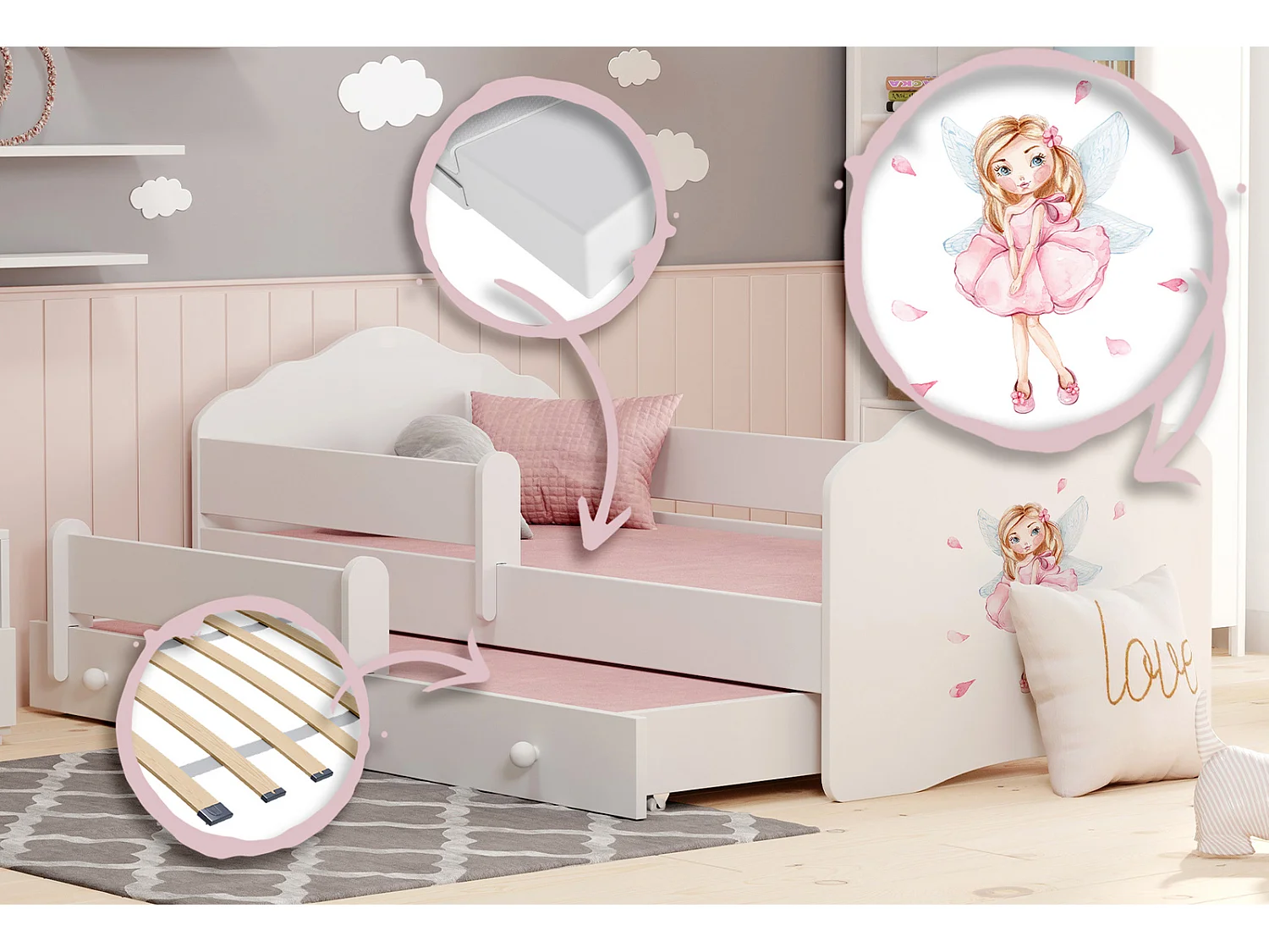 Cama Doble Infantil Blanca 160x80 cm Dibujo Hada con Barandilla – Cama Inferior 145x80 cm, Incluye 2 Colchones de Espuma y Estructura Completa