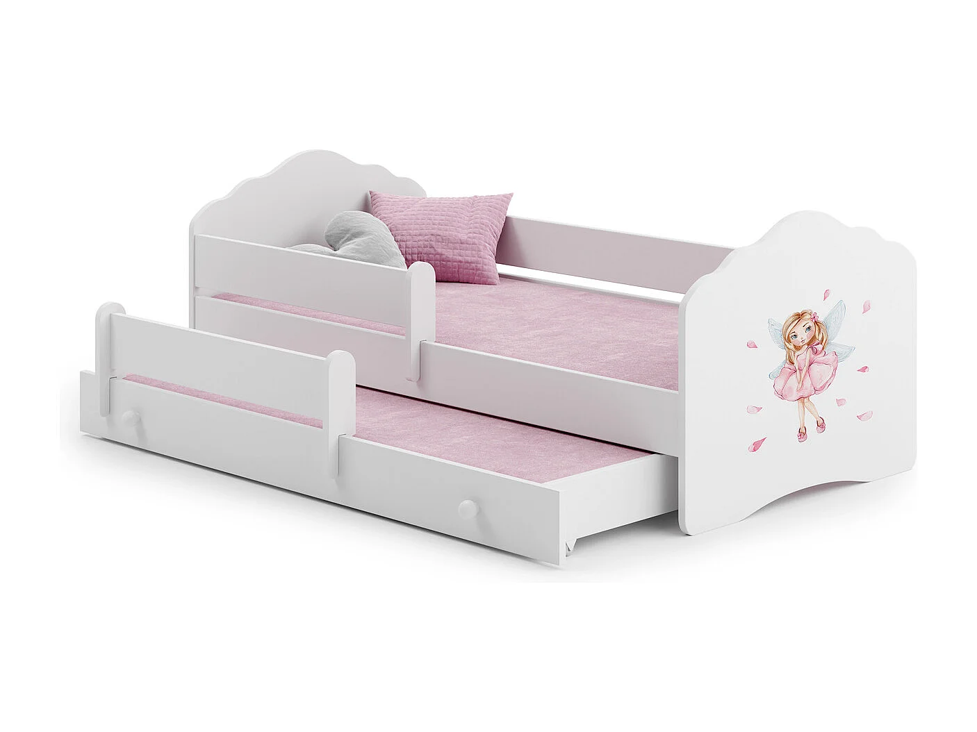 Cama Doble Infantil Blanca 160x80 cm Dibujo Hada con Barandilla – Cama Inferior 145x80 cm, Incluye 2 Colchones de Espuma y Estructura Completa