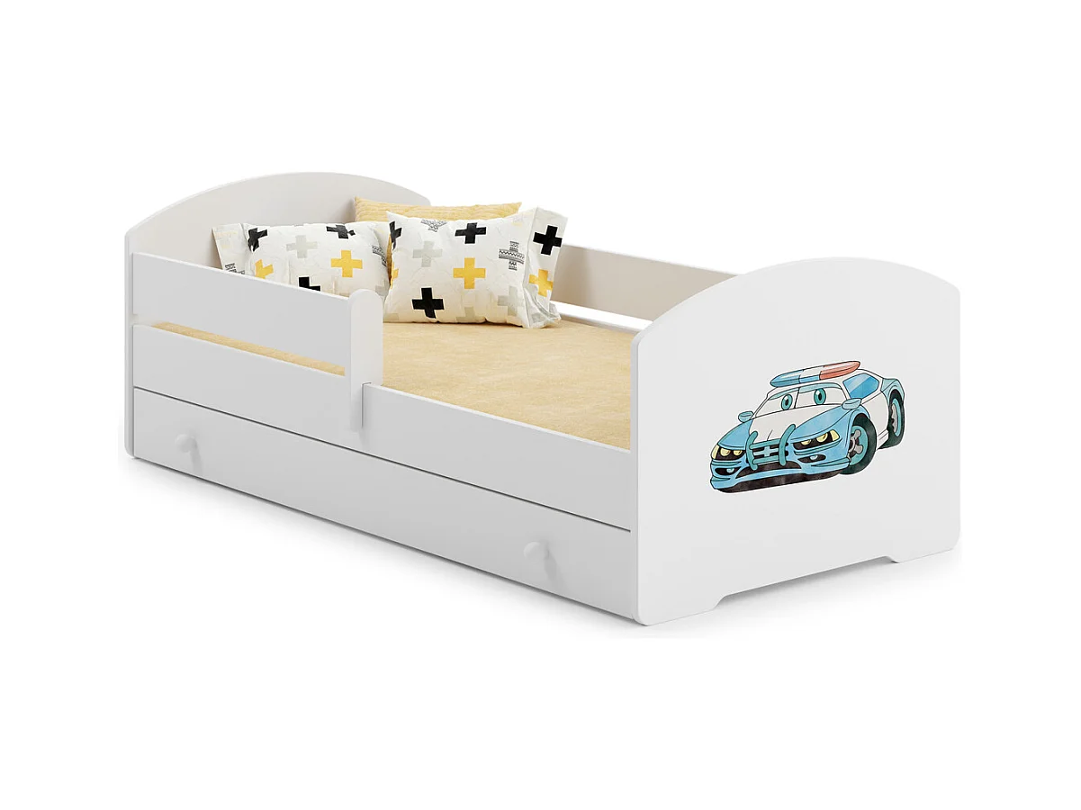 Cama Infantil Blanca Estilo Escandinavo Dibujo Policía 140x70 cm con Cajón – Incluye Colchón de Espuma, Base y Estructura Completa