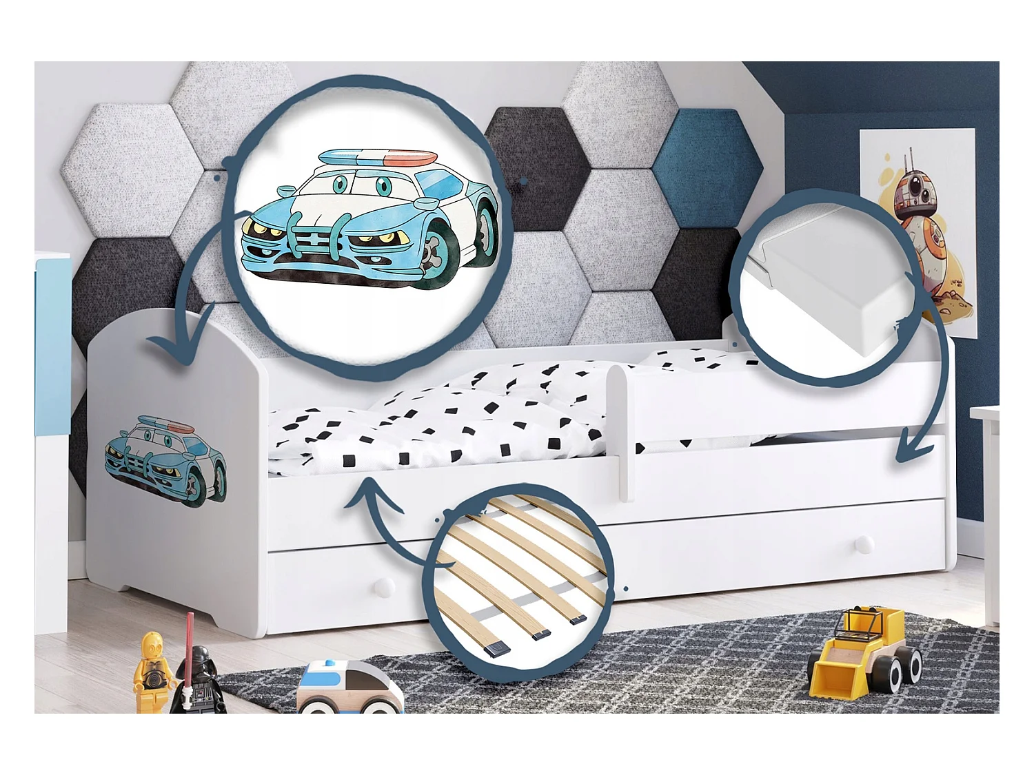 Cama Infantil Blanca Estilo Escandinavo Dibujo Policía 140x70 cm con Cajón – Incluye Colchón de Espuma, Base y Estructura Completa