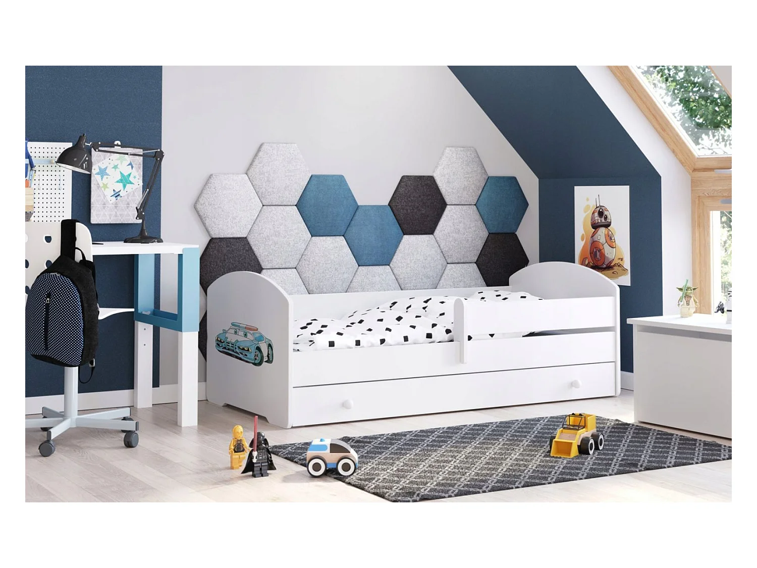 Cama Infantil Blanca Estilo Escandinavo Dibujo Policía 140x70 cm con Cajón – Incluye Colchón de Espuma, Base y Estructura Completa