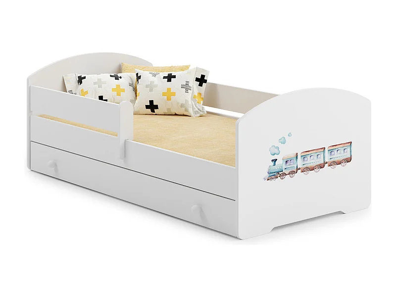 Cama Infantil Blanca Estilo Escandinavo Dibujo Tren 140x70 cm con Cajón – Incluye Colchón de Espuma, Base y Estructura Completa