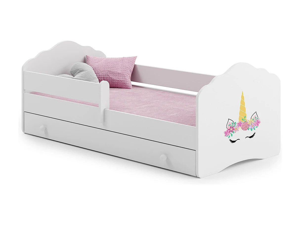 Cama Infantil Blanca 160x80 cm Dibujo Unicornio con Cajón y Barandilla – Incluye Colchón de Espuma, Estructura Completa 164x88x63 cm, Diseño Seguro