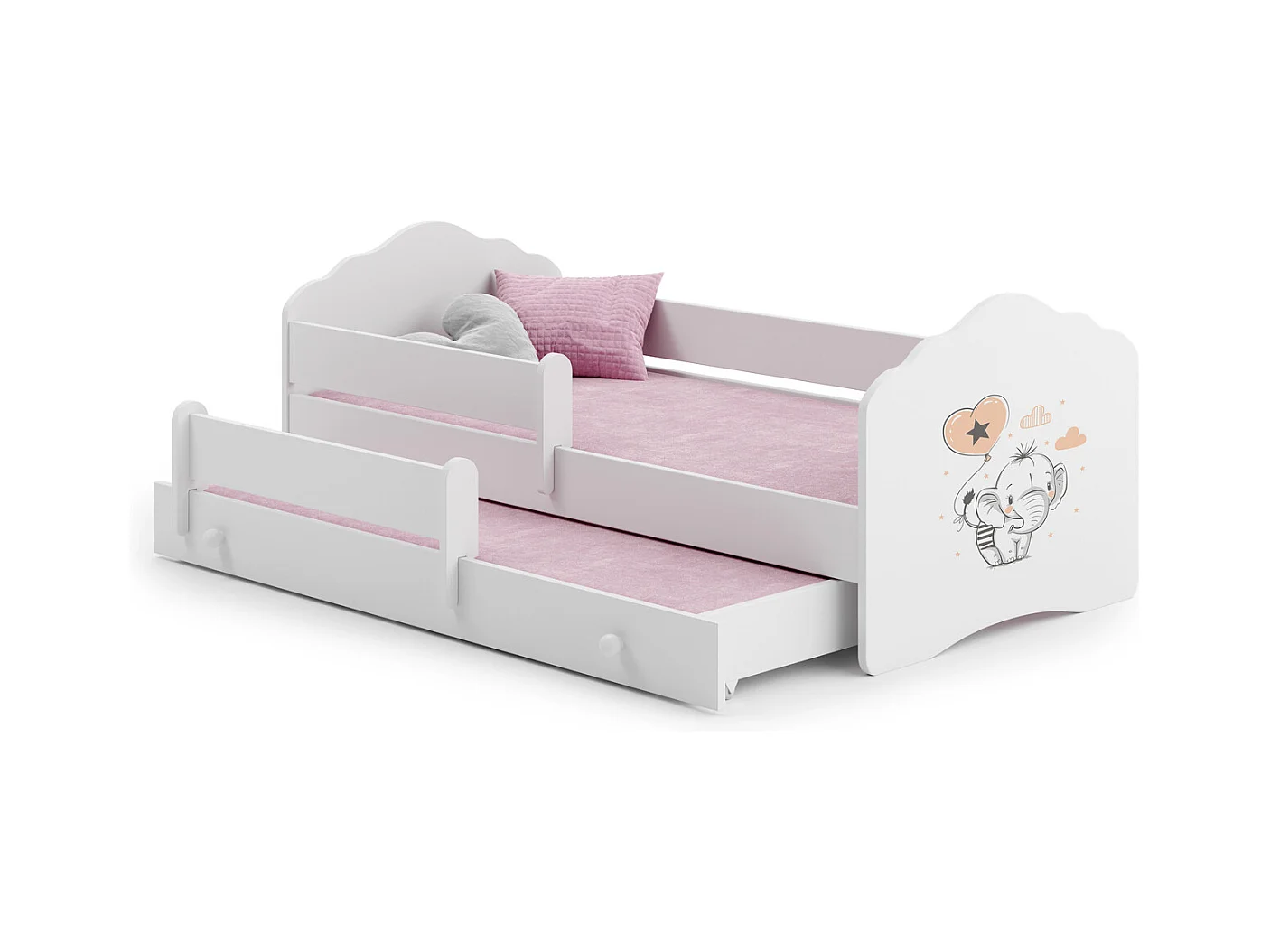 Cama Doble Infantil Blanca 160x80 cm Dibujo Elefante con Barandilla – Cama Inferior 145x80 cm, Incluye 2 Colchones de Espuma y Estructura Completa
