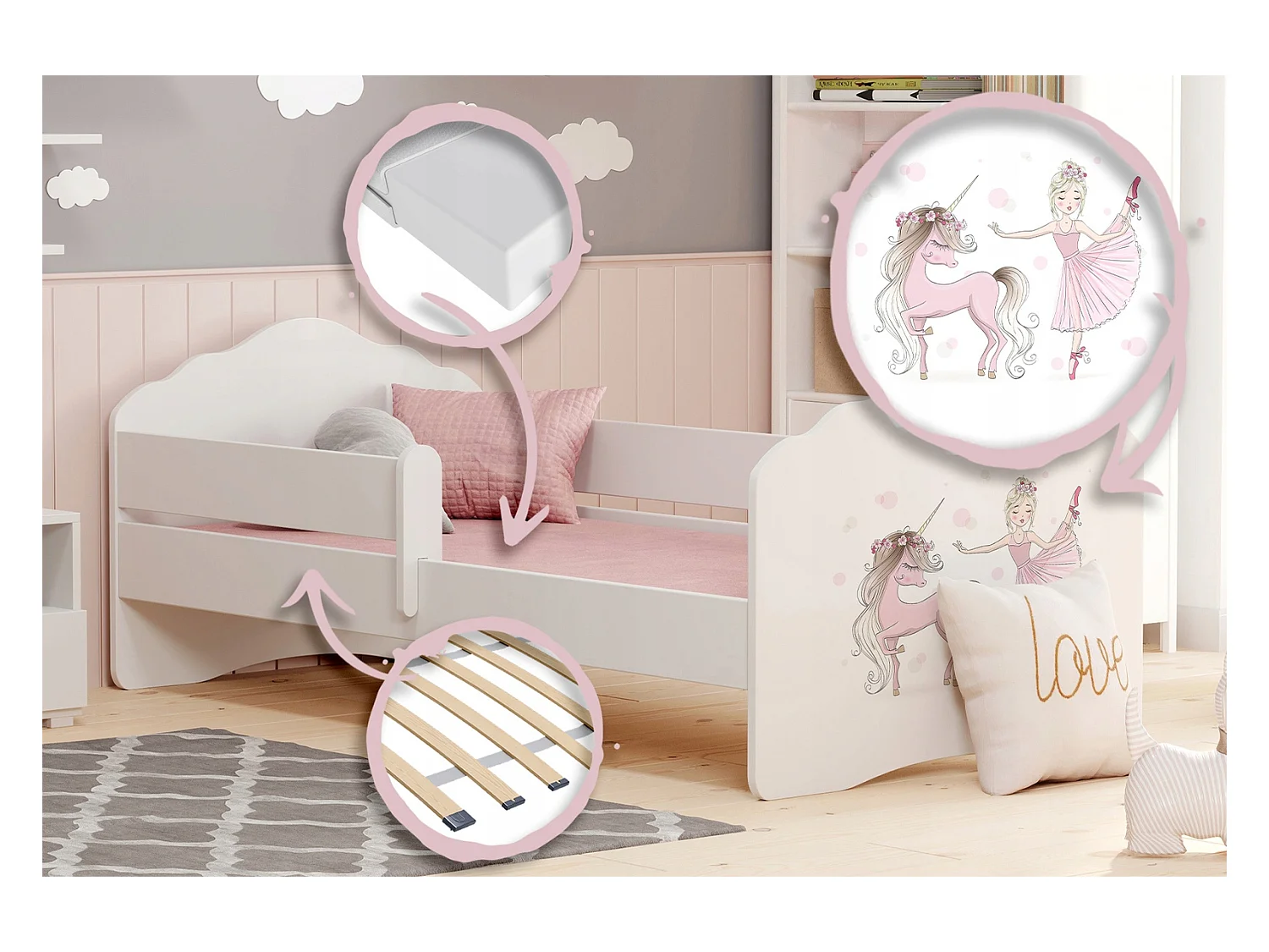 Cama Infantil Blanca 160x80 cm Dibujo Niña con unicornio con Barandilla – Incluye Colchón de Espuma, Estructura Completa 164 cm x 84 cm x 63 cm