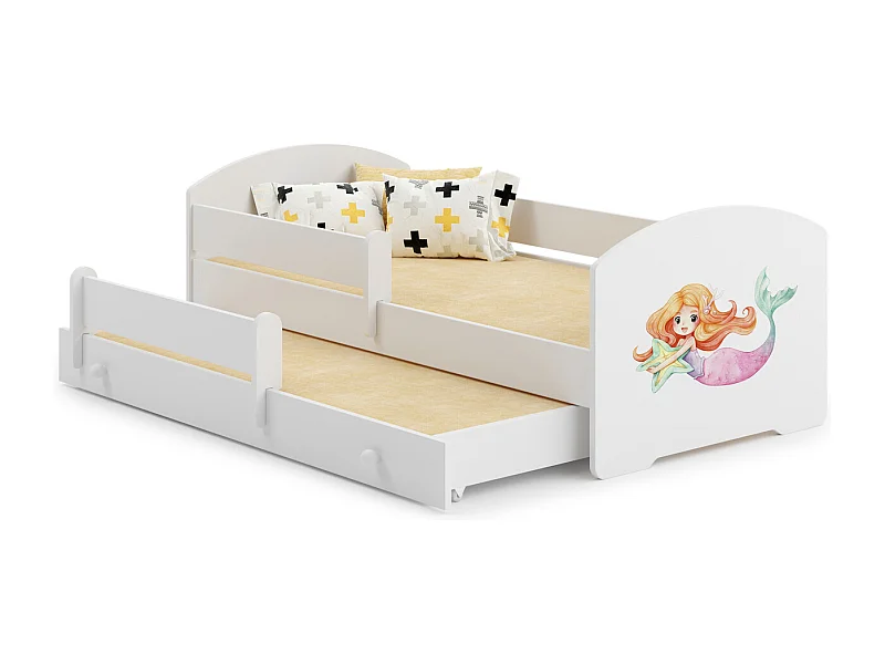 Cama Doble Infantil Blanca Dibujo Sirena Con Barandillas 160x80 cm con Cama Inferior 145x80 cm – Incluye 2 Colchones y Estructuras