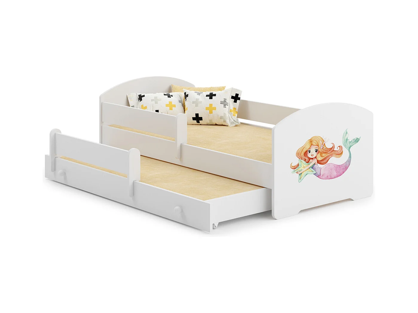 Cama Doble Infantil Blanca Dibujo Sirena Con Barandillas 160x80 cm con Cama Inferior 145x80 cm – Incluye 2 Colchones y Estructuras