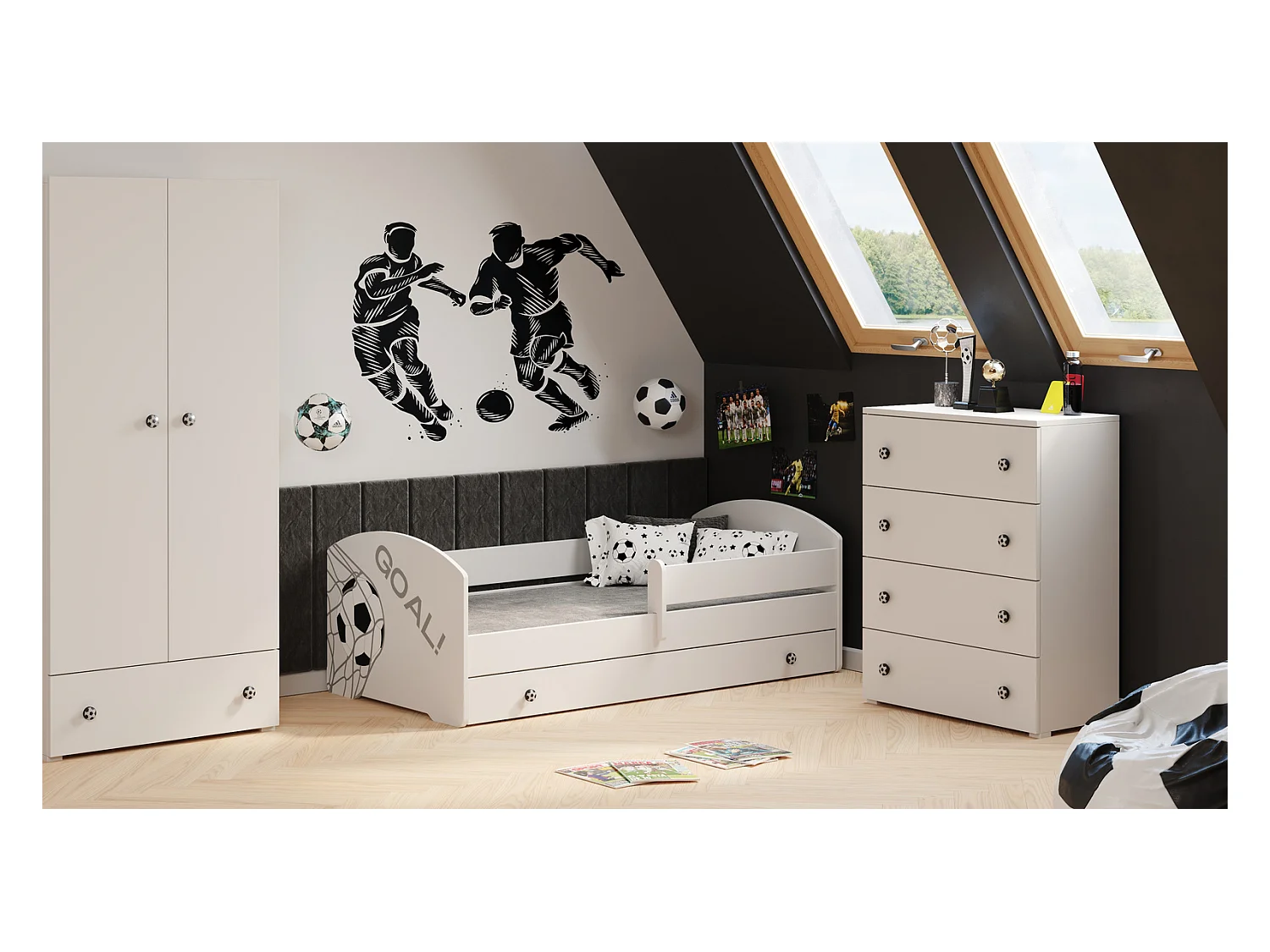 Cama Infantil Blanca Estilo Escandinavo Dibujo Fútbol 160x80 cm con Cajón – Incluye Colchón de Espuma, Base y Estructura Completa