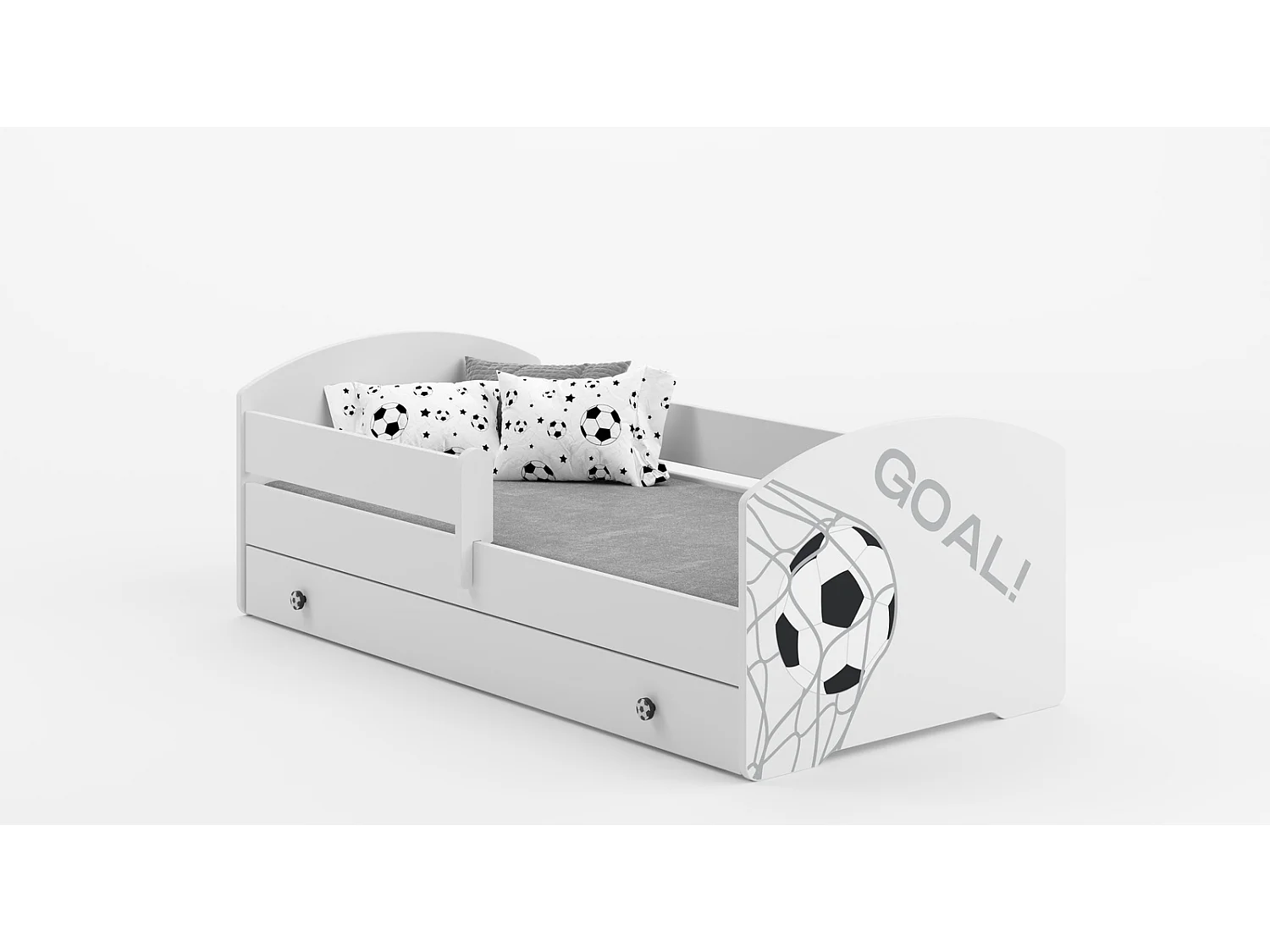 Cama Infantil Blanca Estilo Escandinavo Dibujo Fútbol 160x80 cm con Cajón – Incluye Colchón de Espuma, Base y Estructura Completa
