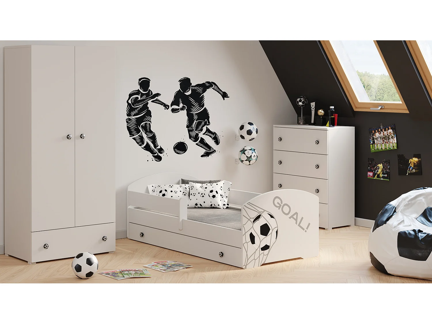 Cama Infantil Blanca Estilo Escandinavo Dibujo Fútbol 160x80 cm con Cajón – Incluye Colchón de Espuma, Base y Estructura Completa