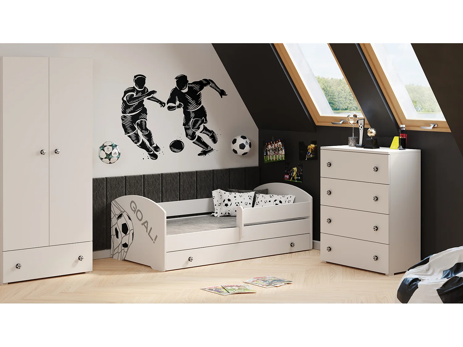 Cama Infantil Blanca Estilo Escandinavo Dibujo Fútbol 160x80 cm con Cajón – Incluye Colchón de Espuma, Base y Estructura Completa