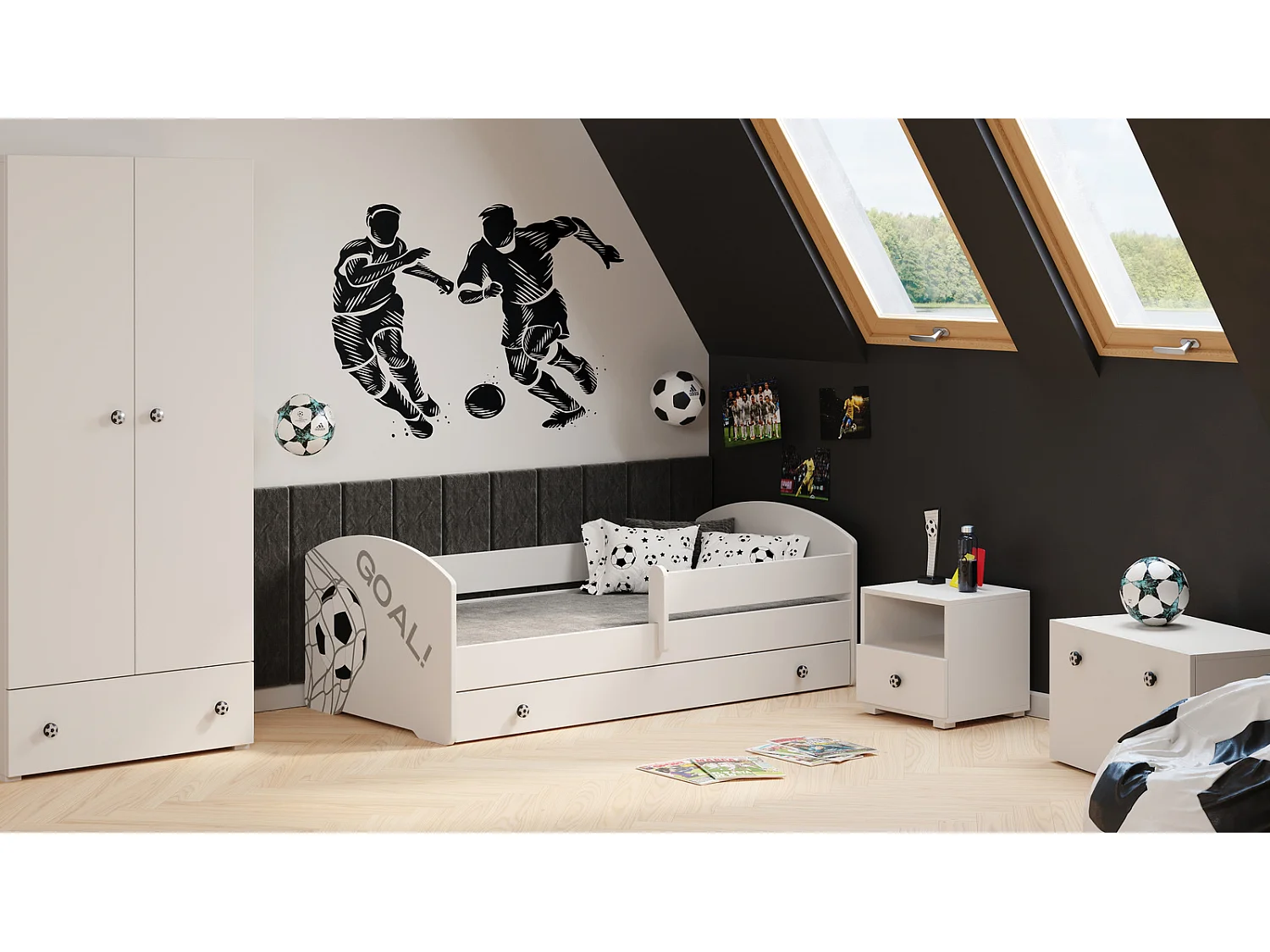 Cama Infantil Blanca Estilo Escandinavo Dibujo Fútbol 160x80 cm con Cajón – Incluye Colchón de Espuma, Base y Estructura Completa