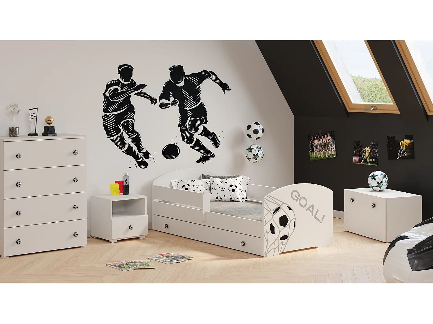 Cama Infantil Blanca Estilo Escandinavo Dibujo Fútbol 160x80 cm con Cajón – Incluye Colchón de Espuma, Base y Estructura Completa