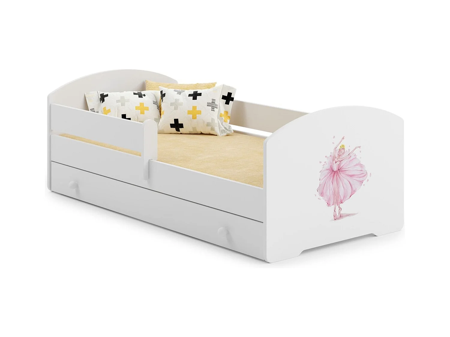 Cama Infantil Blanca Estilo Escandinavo Dibujo Princesa Corona 160x80 cm con Cajón – Incluye Colchón de Espuma, Base y Estructura Completa