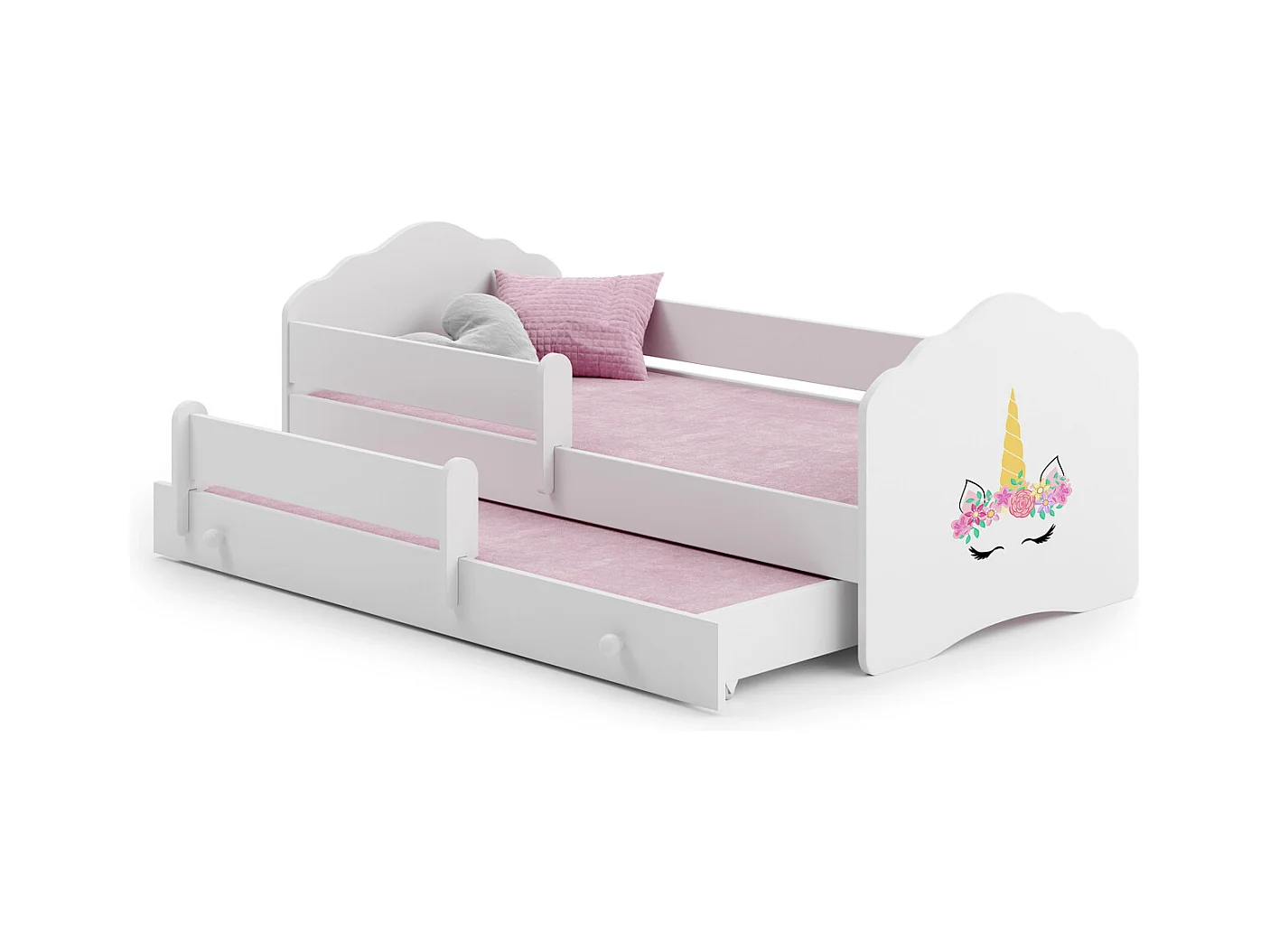 Cama Doble Infantil Blanca 160x80 cm Dibujo Unicornio con Barandilla – Cama Inferior 145x80 cm, Incluye 2 Colchones de Espuma y Estructura Completa