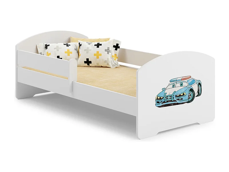 Cama Infantil Blanca 160x80 cm Dibujo Policía con Barandilla – Incluye Colchón de Espuma y Estructura Completa, Dimensiones 164x88x63 cm