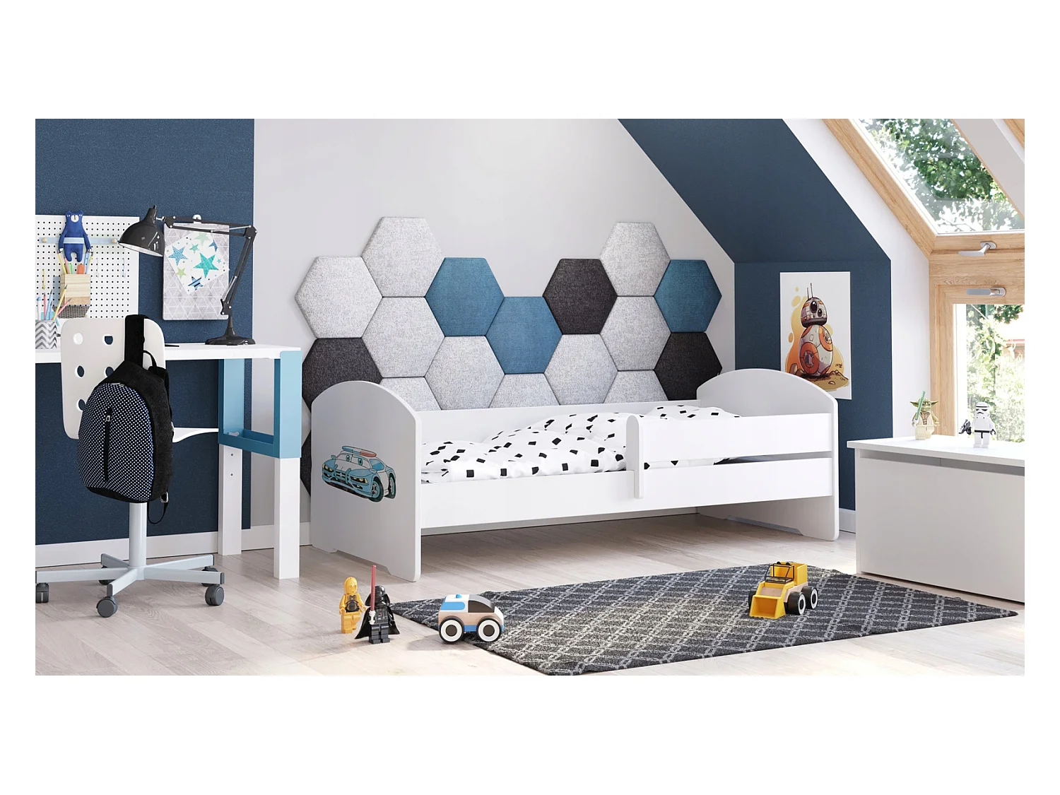 Cama Infantil Blanca 160x80 cm Dibujo Policía con Barandilla – Incluye Colchón de Espuma y Estructura Completa, Dimensiones 164x88x63 cm