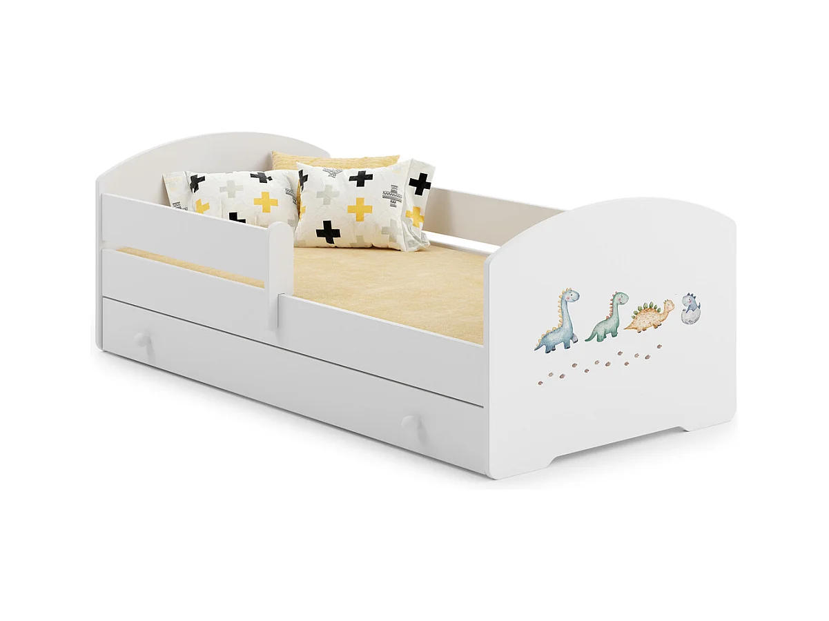 Cama Infantil Blanca Estilo Escandinavo Dibujo Dinosaurio 140x70 cm con Cajón – Incluye Colchón de Espuma, Base y Estructura Completa