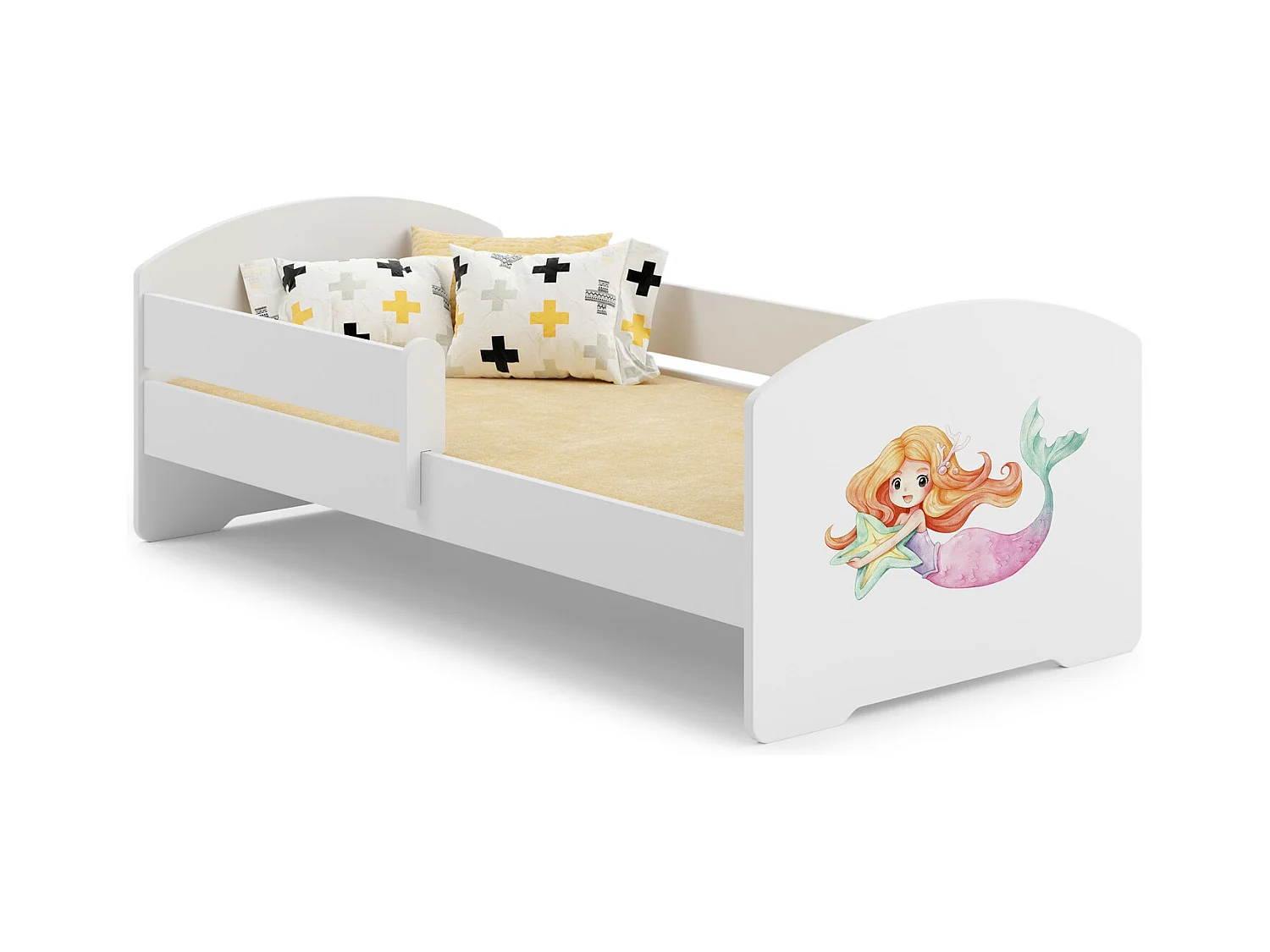 Cama Infantil Blanca 140x70 cm Dibujo Sirena con Barandilla – Incluye Colchón de Espuma y Estructura Completa, Dimensiones 144 cm x77 cm x56 cm