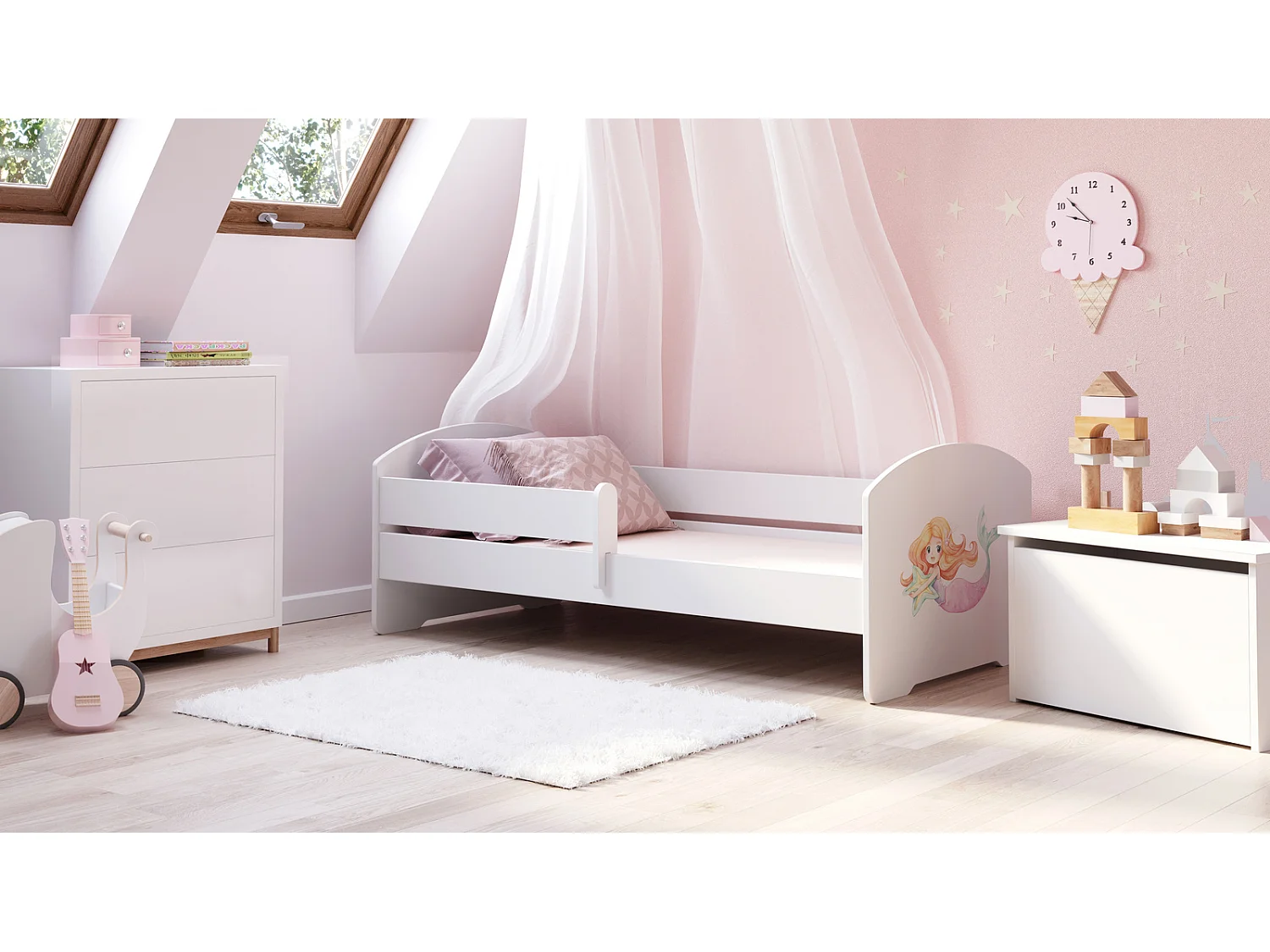 Cama Infantil Blanca 140x70 cm Dibujo Sirena con Barandilla – Incluye Colchón de Espuma y Estructura Completa, Dimensiones 144 cm x77 cm x56 cm