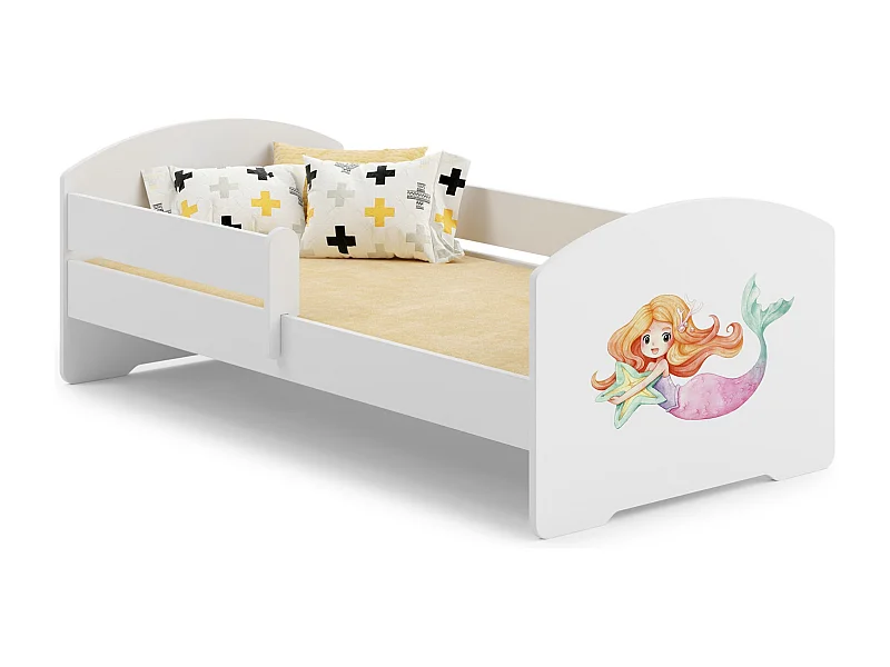Cama Infantil Blanca 140x70 cm Dibujo Sirena con Barandilla – Incluye Colchón de Espuma y Estructura Completa, Dimensiones 144 cm x77 cm x56 cm