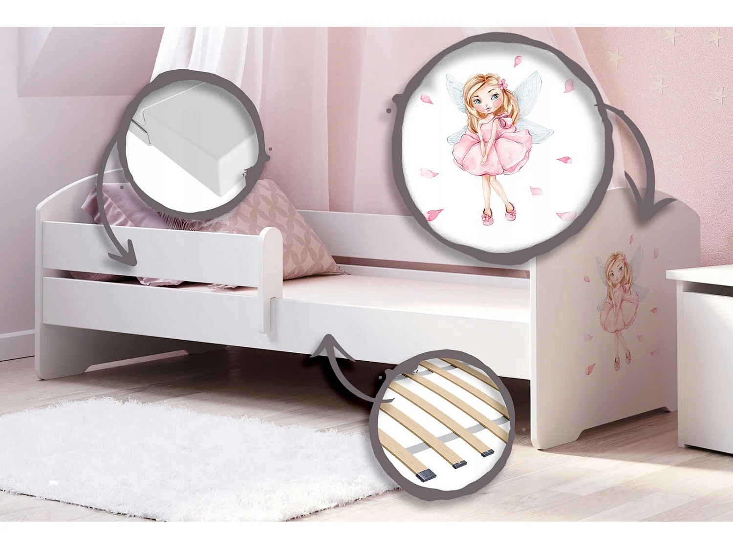 Cama Infantil Blanca 140x70 cm Dibujo Hada con Barandilla – Incluye Colchón de Espuma y Estructura Completa, Dimensiones 144 cm x77 cm x56 cm