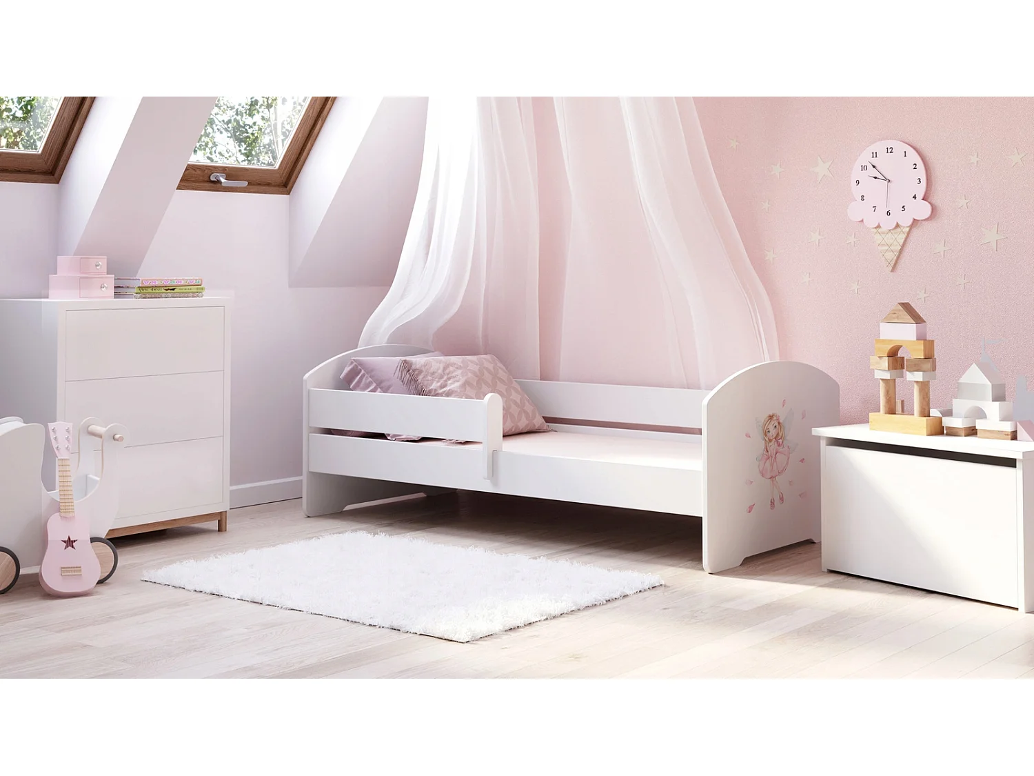 Cama Infantil Blanca 140x70 cm Dibujo Hada con Barandilla – Incluye Colchón de Espuma y Estructura Completa, Dimensiones 144 cm x77 cm x56 cm