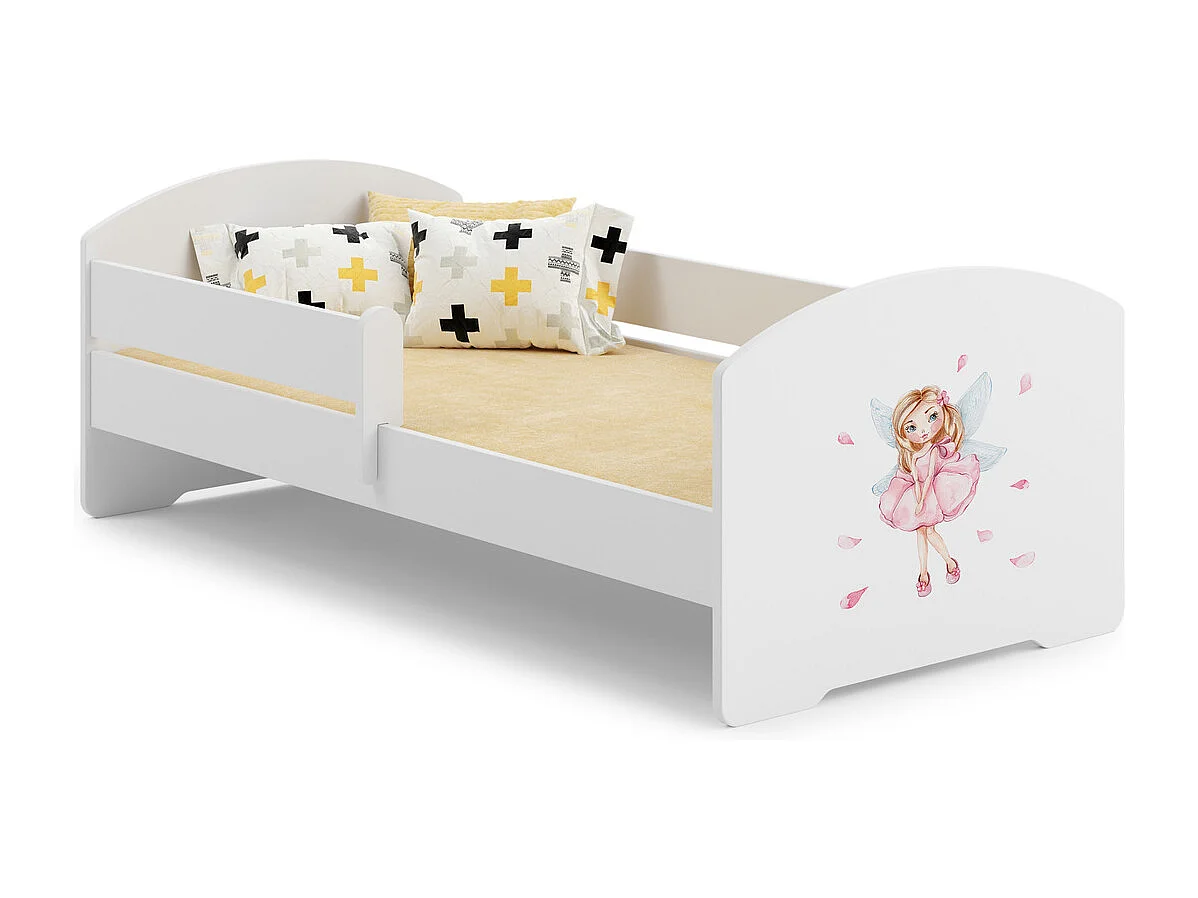 Cama Infantil Blanca 140x70 cm Dibujo Hada con Barandilla – Incluye Colchón de Espuma y Estructura Completa, Dimensiones 144 cm x77 cm x56 cm