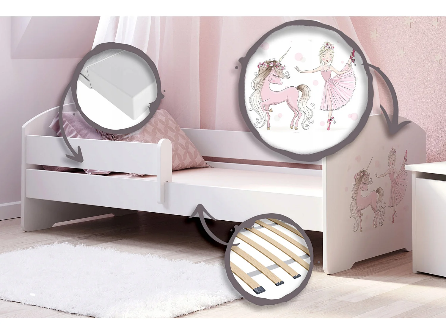 Cama Infantil Blanca 140x70 cm Dibujo Niña con unicornio con Barandilla – Incluye Colchón de Espuma, Dimen: 144 cm x77 cm x56 cm