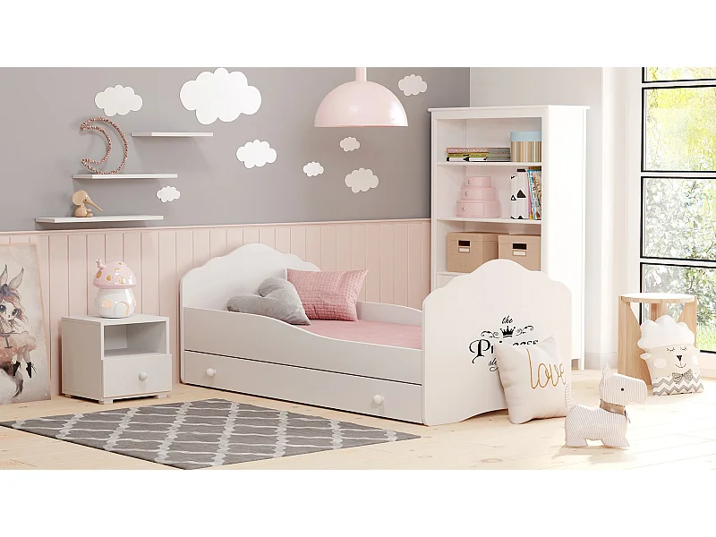 Cama Infantil Blanca 160x80 cm Dibujo Princesa con Cajón y Barandilla – Incluye Colchón de Espuma, Estructura Completa 164x88x63 cm, Diseño Seguro y C