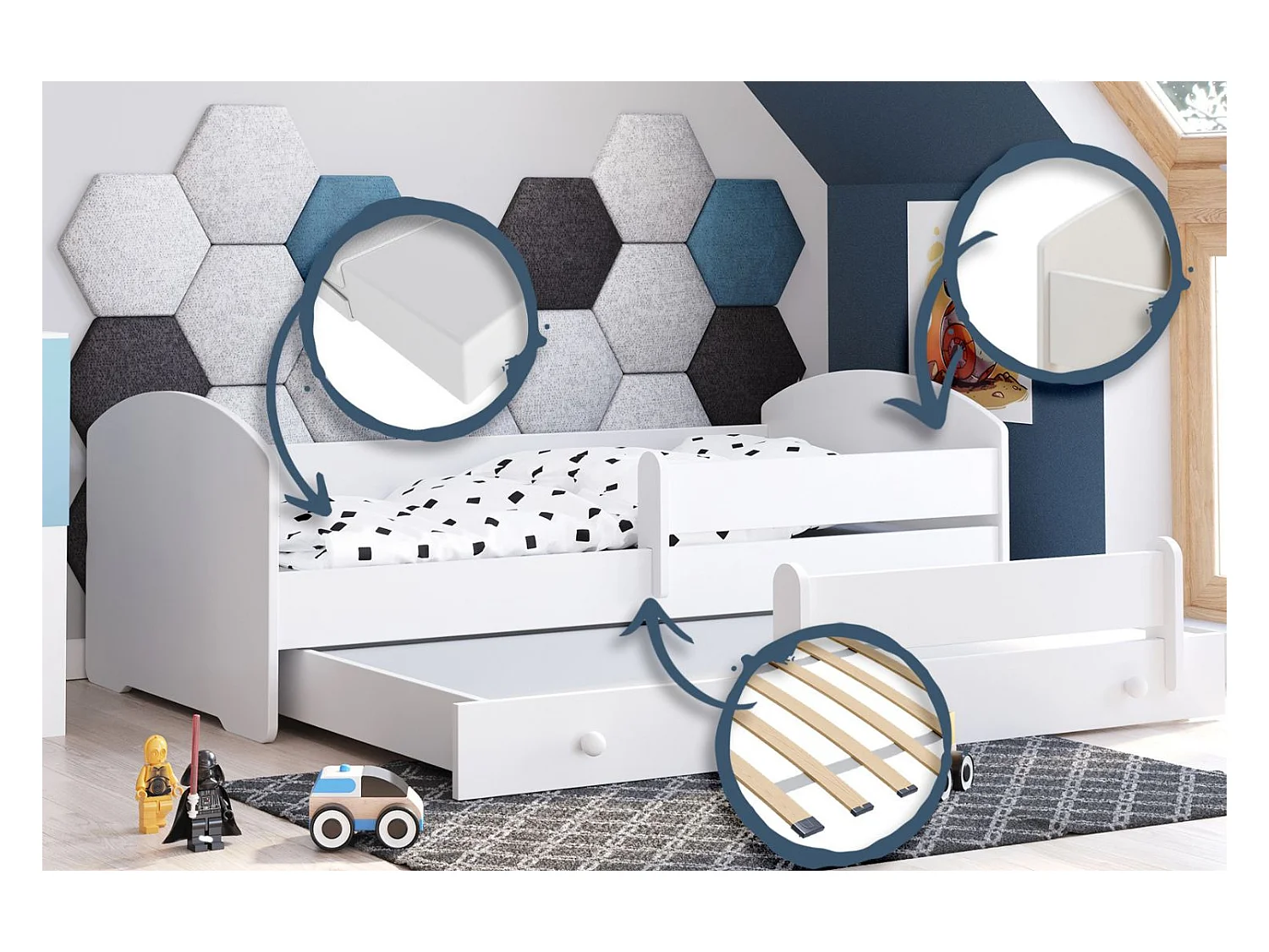 Cama Doble Infantil Blanca Con Barandillas 160x80 cm con Cama Inferior 145x80 cm – Incluye 2 Colchones y Estructuras, Diseño Compacto y Funcional