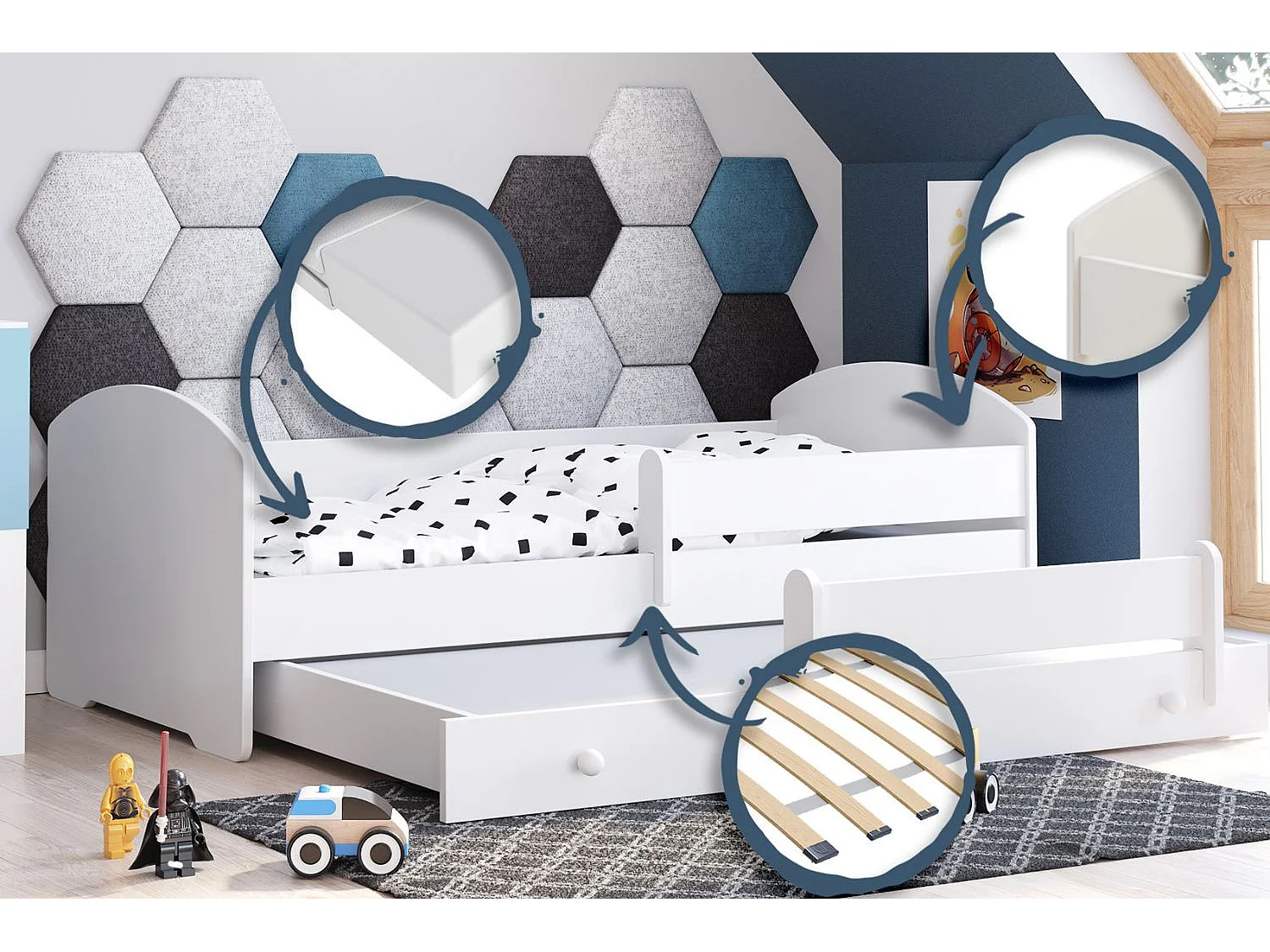 Cama Doble Infantil Blanca Con Barandillas 160x80 cm con Cama Inferior 145x80 cm – Incluye 2 Colchones y Estructuras, Diseño Compacto y Funcional